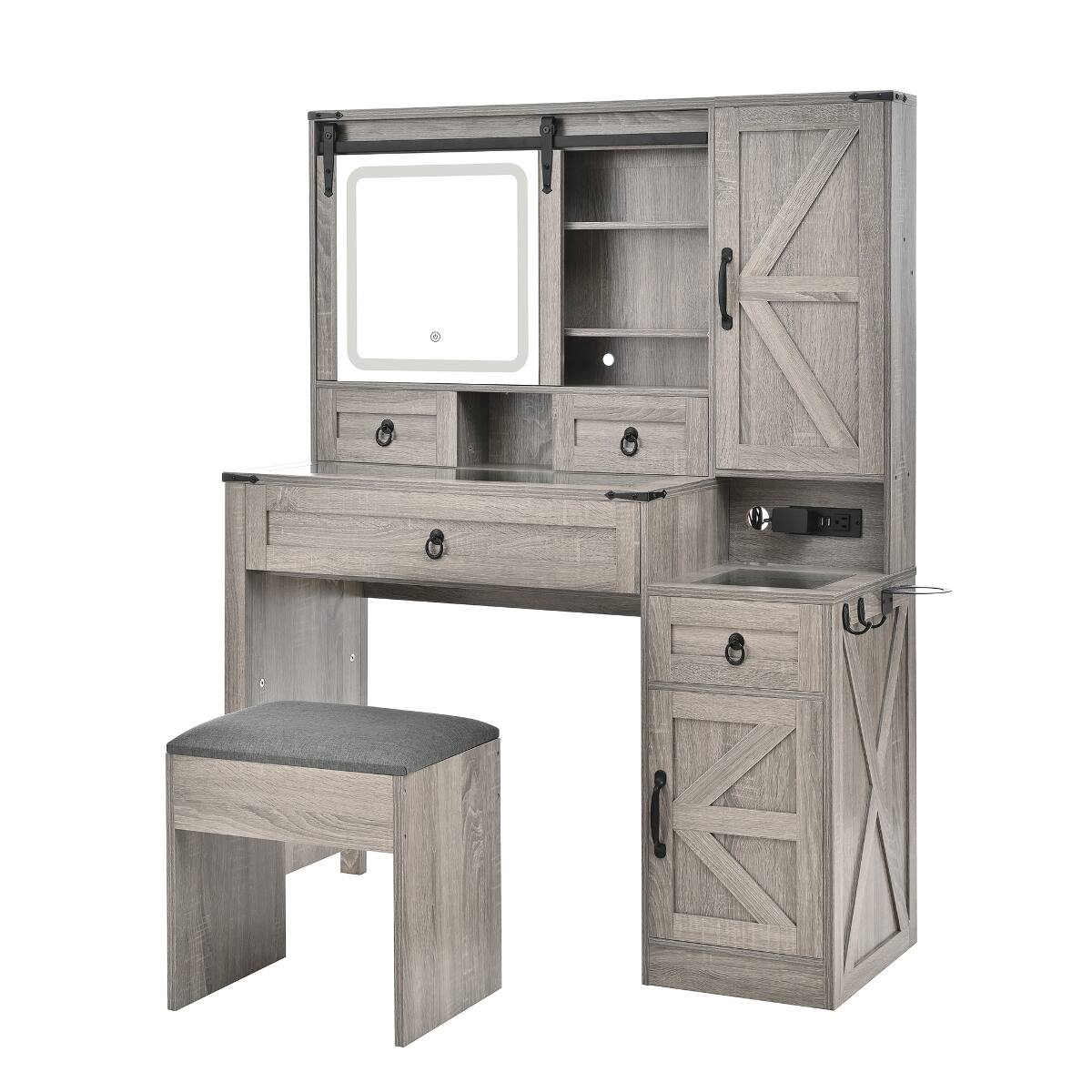 Alt View 8. Loheer - Loheer Farmhouse Vanity Desk with LED Mirror, Gray Vanity Set with Stool - Gray.
