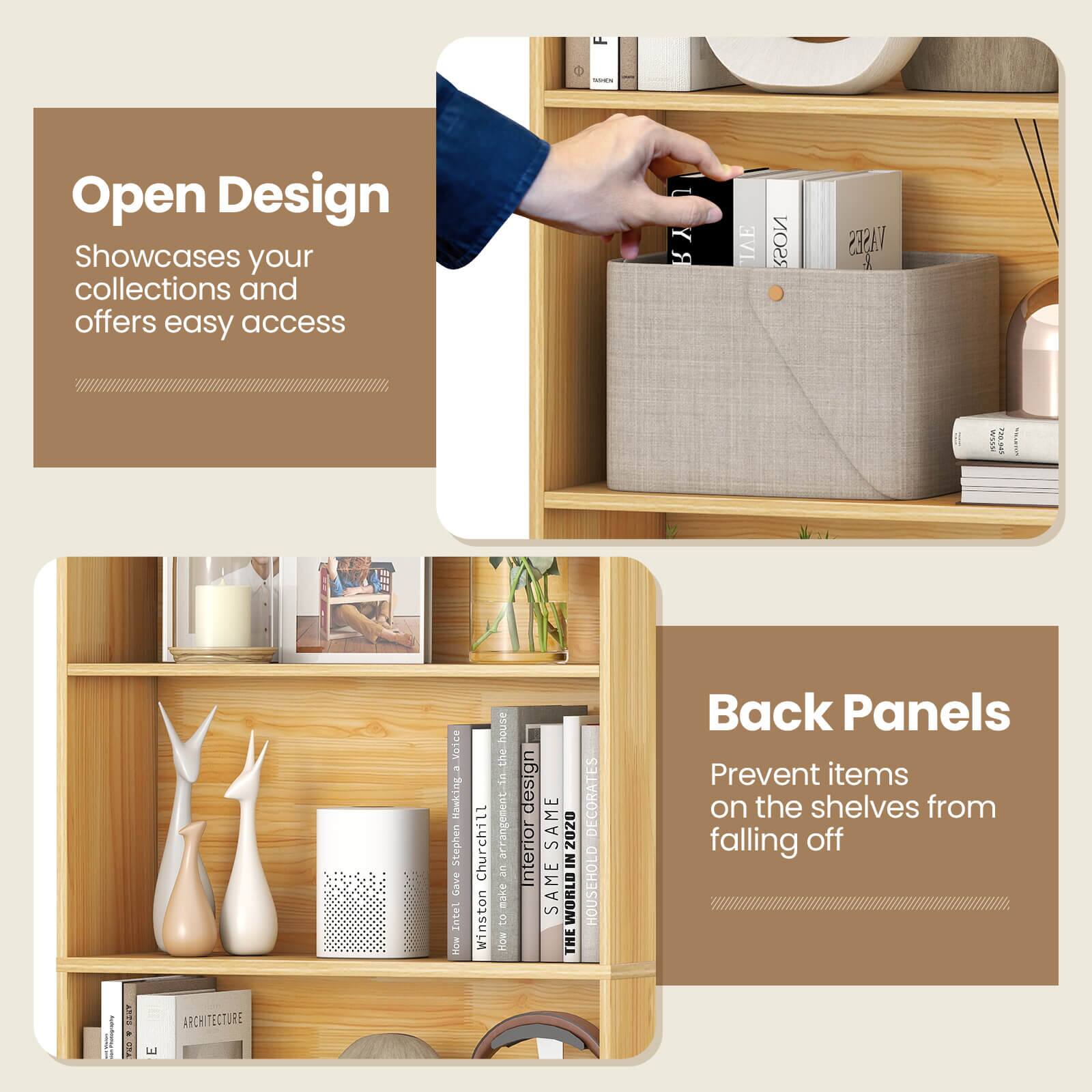 - Open Design  
Showcases your collections and offers easy access

- Back Panels  
Prevent items on the shelves from falling off