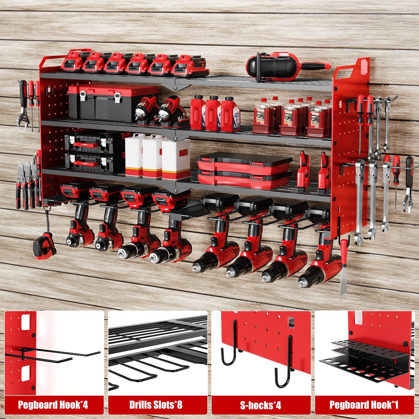 Pegboard Hook*4  
Drills Slots*8  
S-hooks*4  
Pegboard Hook*1