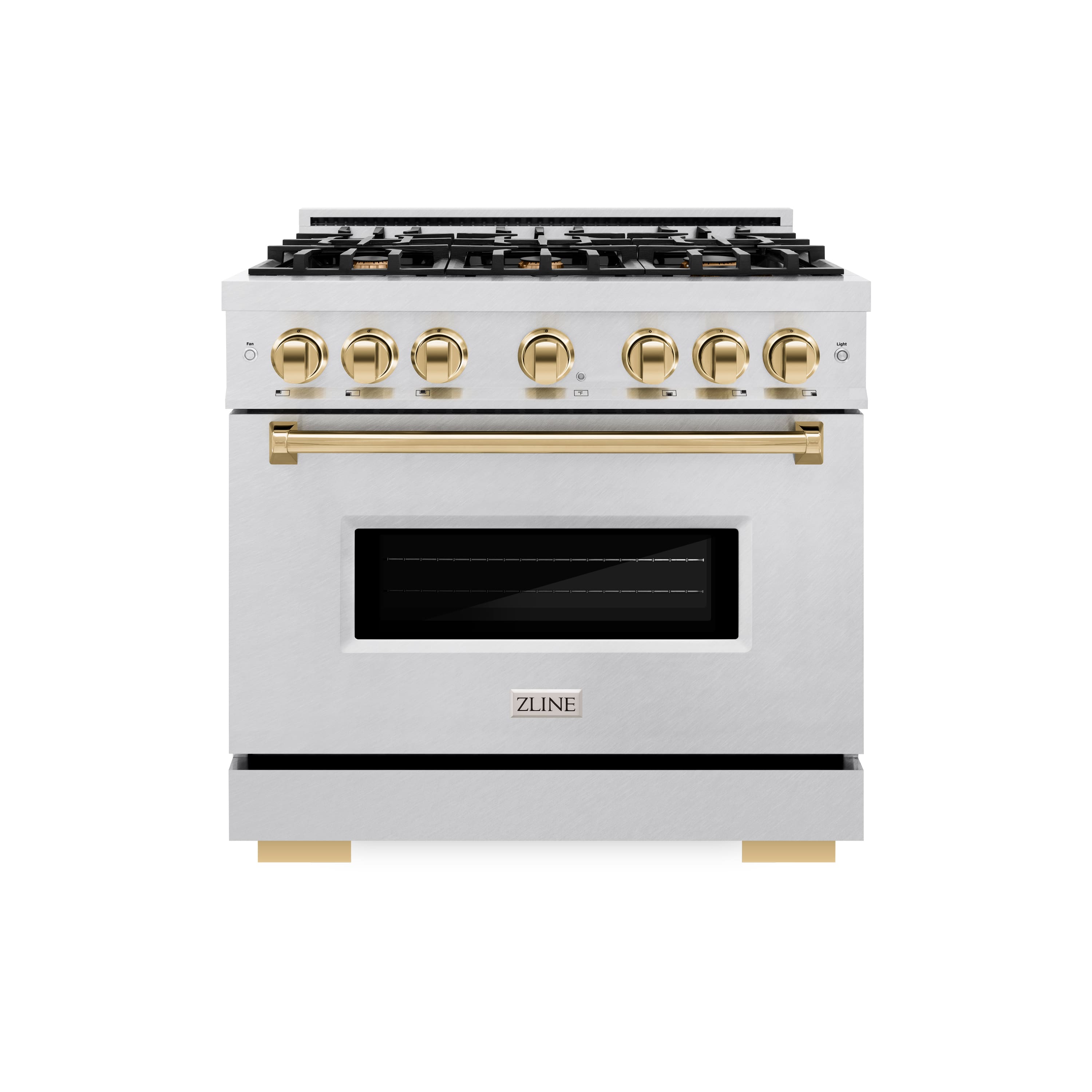 ZLINE Autograph 36 in. Classic Dual Fuel Satin Steel Range w/ 6 Burners & Gold Accents (CDRSZ-36-G) Front
