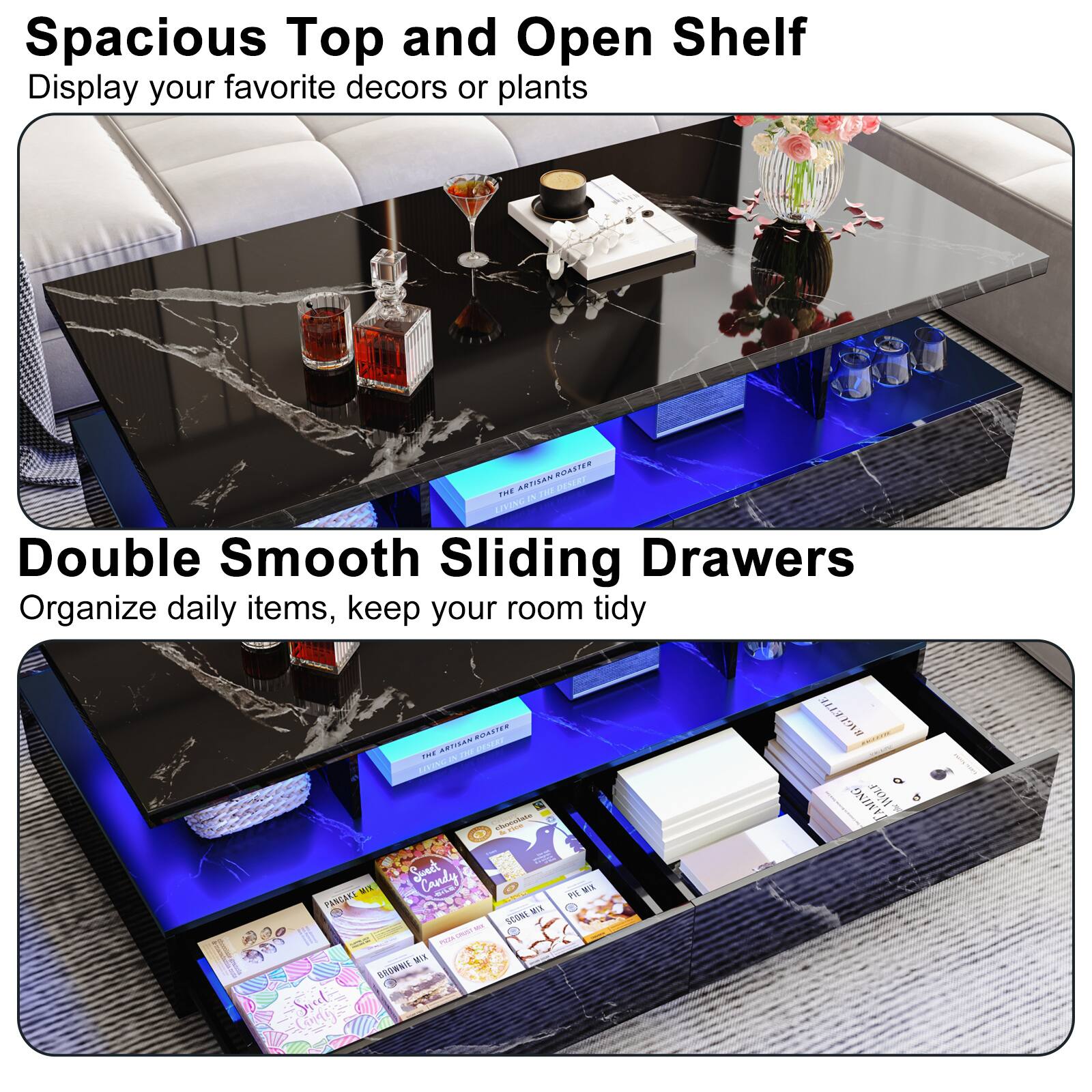 Spacious Top and Open Shelf  
Display your favorite decors or plants  

Double Smooth Sliding Drawers  
Organize daily items, keep your room tidy