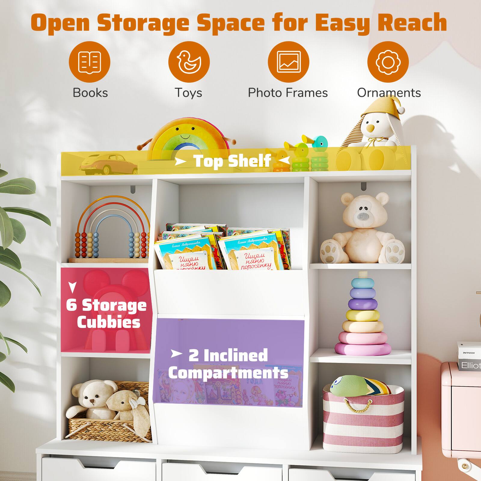 Open Storage Space for Easy Reach

- Books
- Toys
- Photo Frames
- Ornaments

Top Shelf

6 Storage Cubbies

2 Inclined Compartments

Elliot