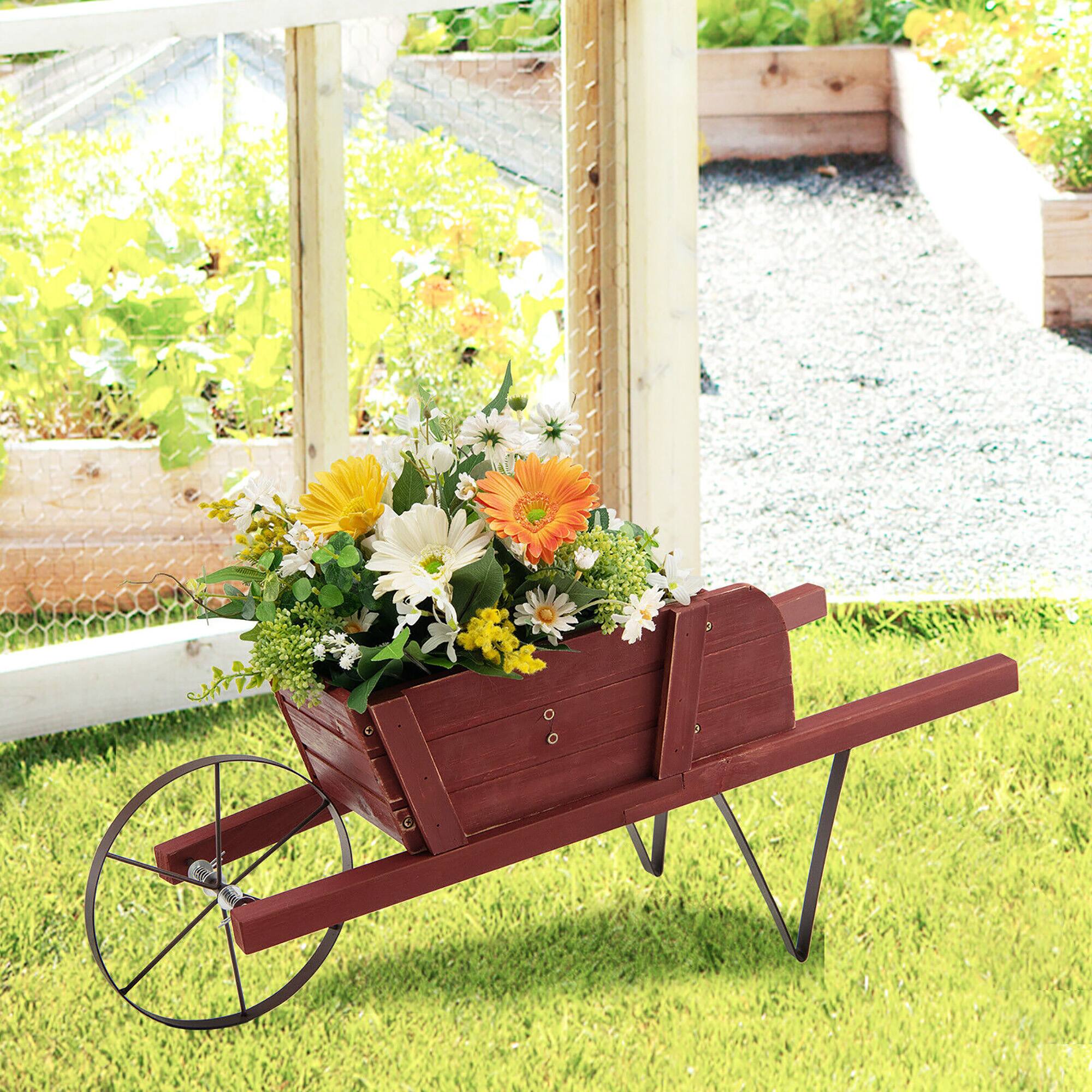 Alt View 1. Gymax - Gymax Wooden Wagon Planter Decorative Indoor/ Outdoor Rustic Flower Cart w/ Wheel Red - Red.