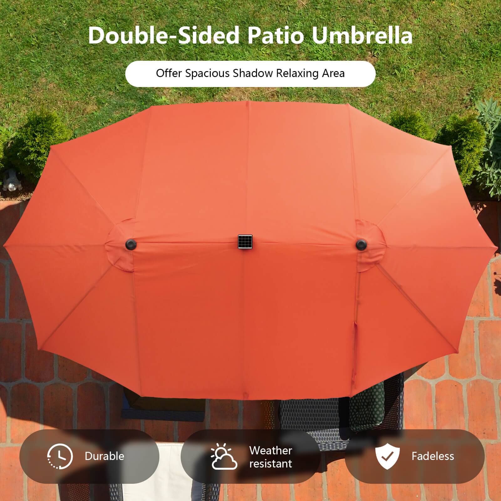 Double-Sided Patio Umbrella

Offer Spacious Shadow Relaxing Area

Durable
Weather resistant
Fadeless