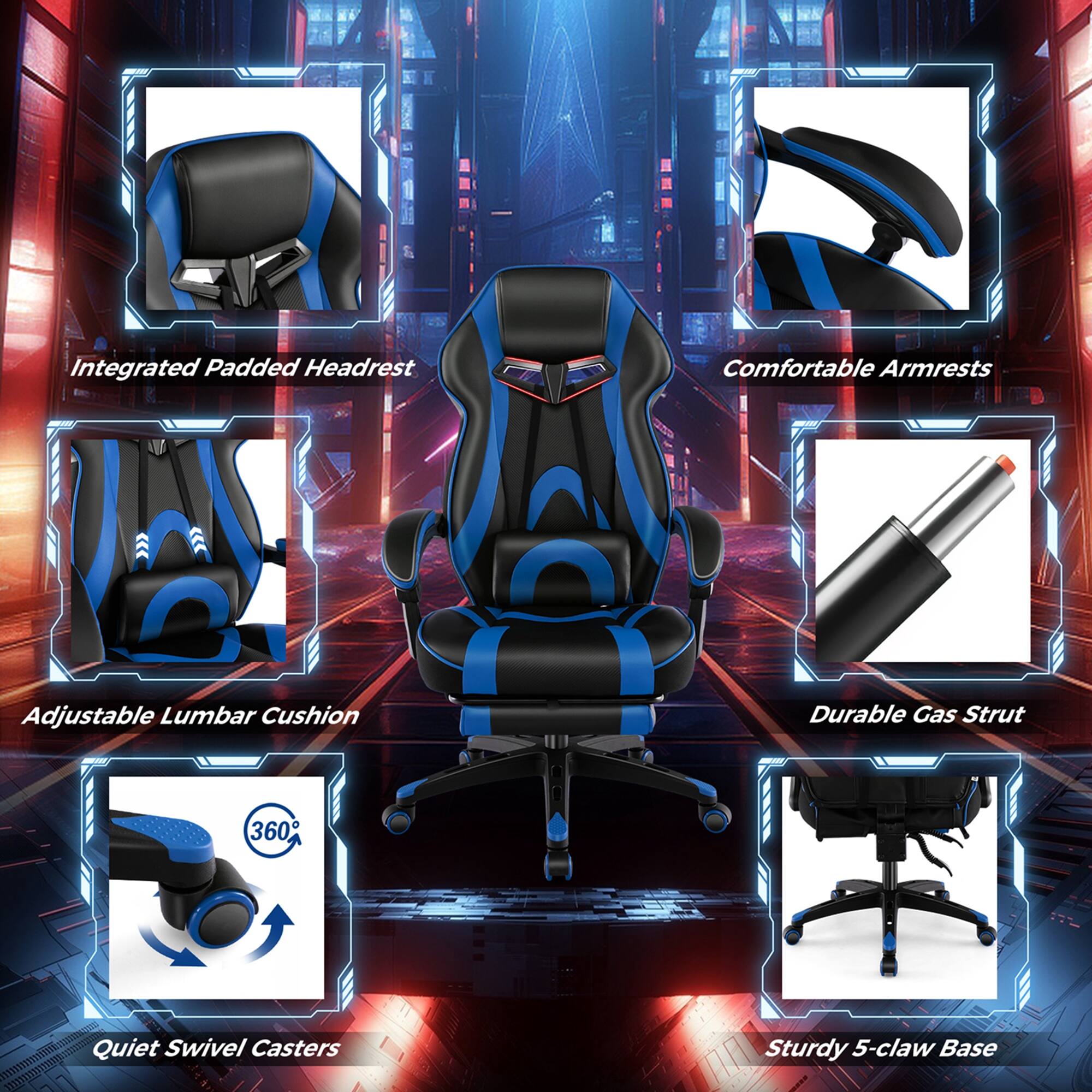 The image features a blue chair with a variety of features, including an integrated padded headrest, comfortable armrests, adjustable lumbar cushion, durable gas strut, 360 quiet swivel casters, and a sturdy 5-claw base.