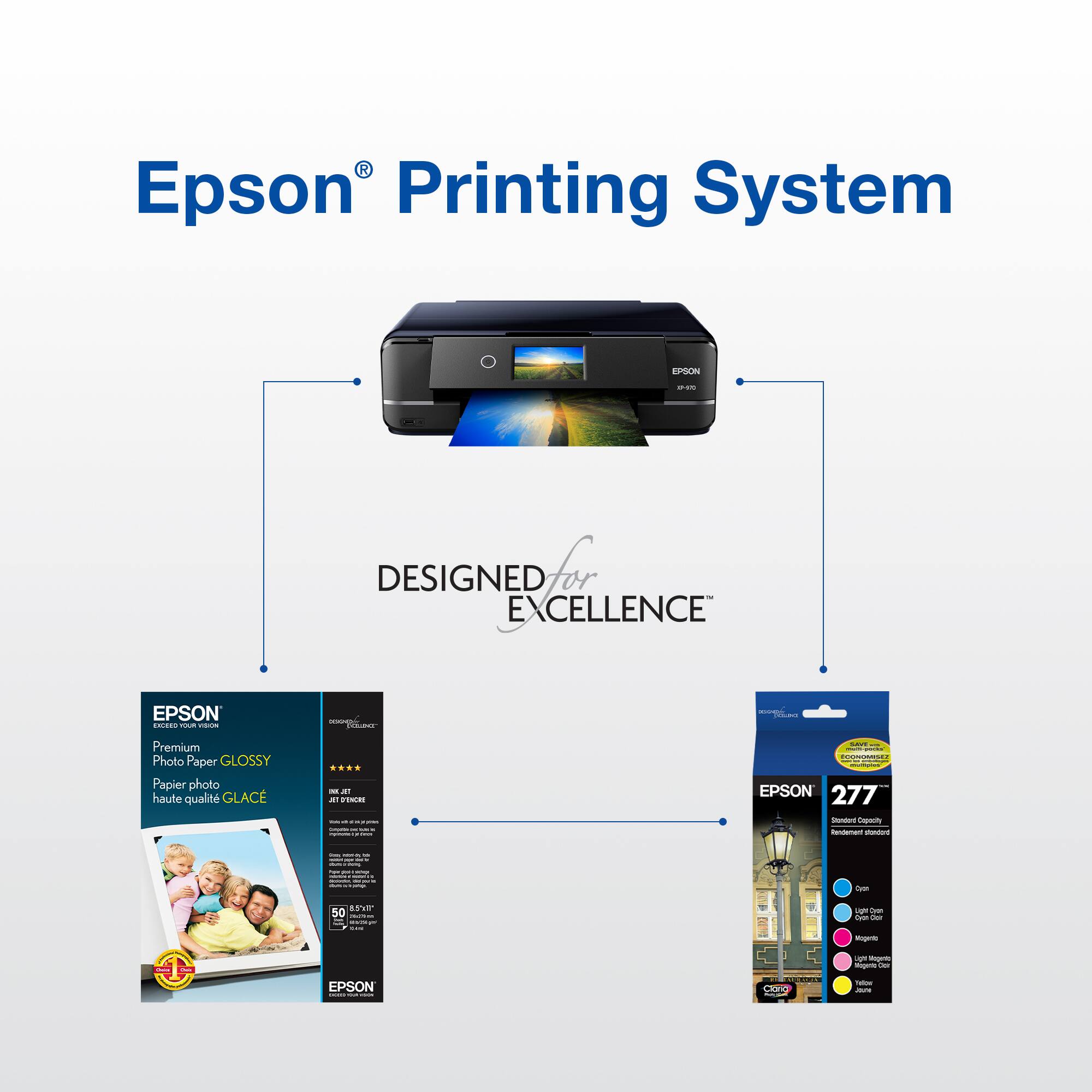 Epson® Printing System

DESIGNED for EXCELLENCE™

EPSON Premium Photo Paper GLOSSY  
Papier photo haute qualité GLACÉ

EPSON 277  
Redéfinissons l'impression  
Océan  
Light Grey  
Magenta  
Light Magenta  
Yellow  
Cyan