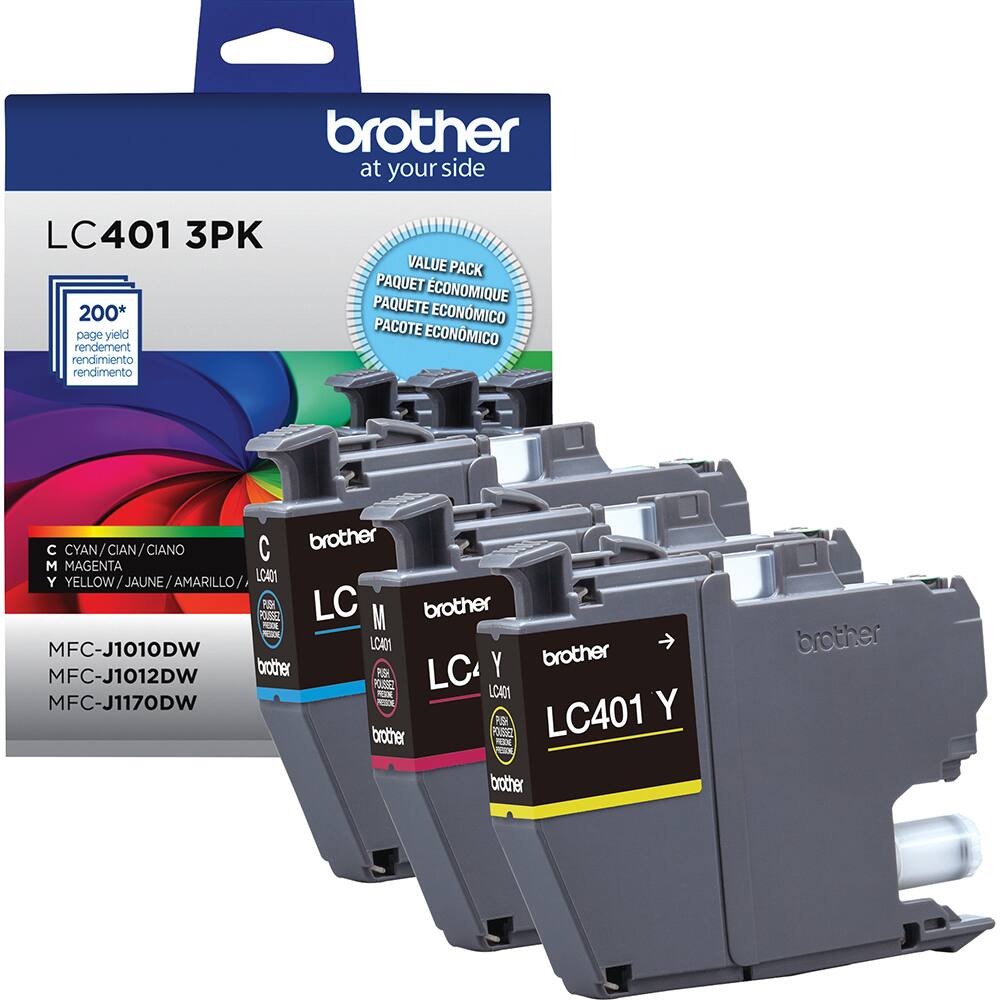 brother at your side LC401 3PK 200* page yield rendement rendimiento rendimento VALUE PACK PAQUET ECONOMIQUE PAQUETE ECONOMICO PACOTE ECONOMICO C CYAN/CIAN/CIANO / CIANO C brother M MAGENTA Y YELLOW/JAUNE/AMARILLO/ YELLOW/ JAUNE / AMARILLO LCADI SE PR LC M brother  MFC-J1010DW LCA01 brother Y brother MFC-J1012DW PSE RO LC LCAD1 NI MFC-J1170DW Y brother KOEL  LC401 REE brother brother