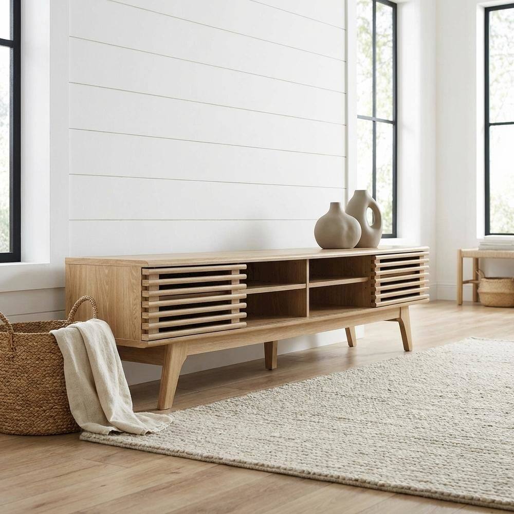 Angle. FurniFact - Brown wood entertainment center with spacious TV stand and sleek design - Brown.