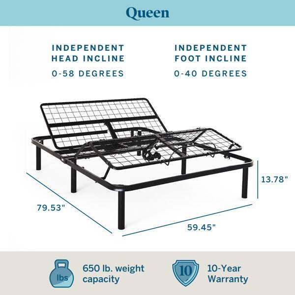 Queen, INDEPENDENT HEAD INCLINE 0-58 DEGREES, INDEPENDENT FOOT INCLINE 0-40 DEGREES, 13.78", 79.53", 59.45", 650 lb. weight capacity, 10-Year Warranty