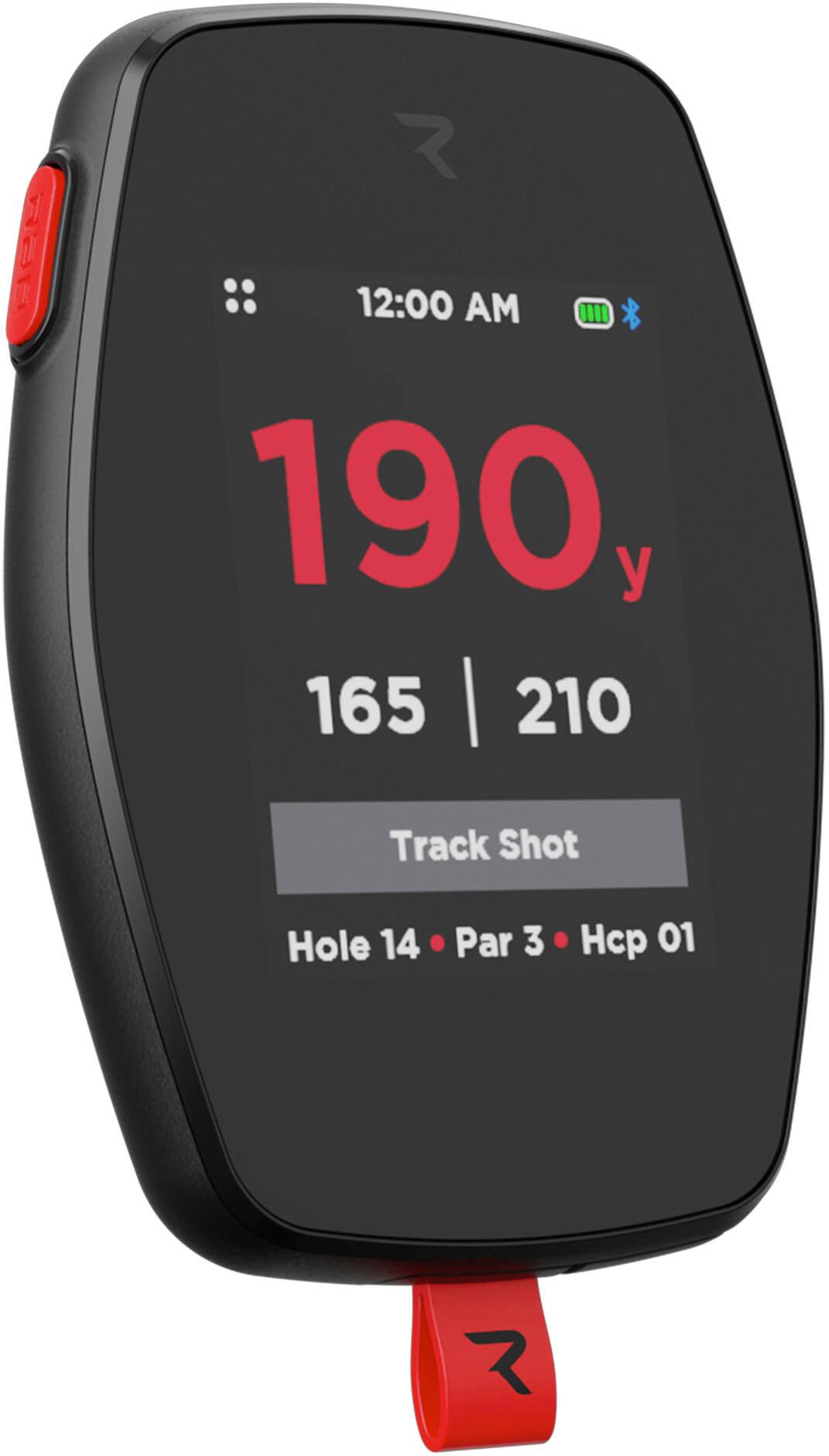 The text on the image reads: "12:00 AM 190 y 165 210 Track Shot Hole 14 Par 3 Hcp 01."