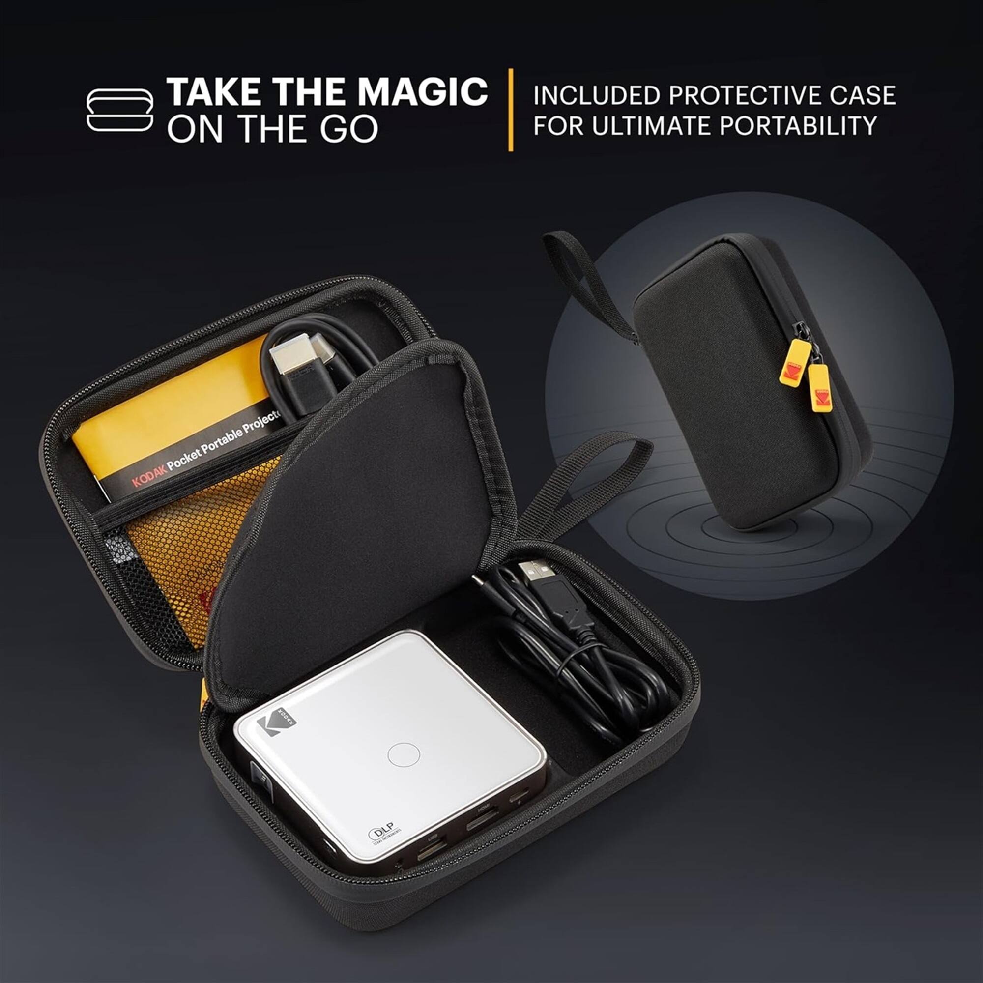 TAKE THE MAGIC ON THE GO

INCLUDED PROTECTIVE CASE FOR ULTIMATE PORTABILITY

KODAK Pocket Portable Projector