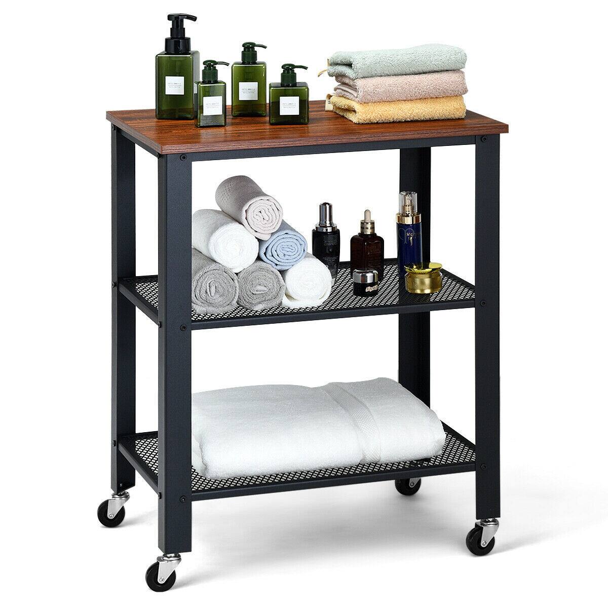 Alt View 7. Gymax - Gymax 3-Tier Industrial Serving Cart Kitchen Utility Cart on Wheels w/Storage Black - Black.