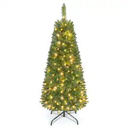 Costway - 4.5 FT Pre-Lit Pencil Christmas Tree Hinged with 150 LED Lights - Green