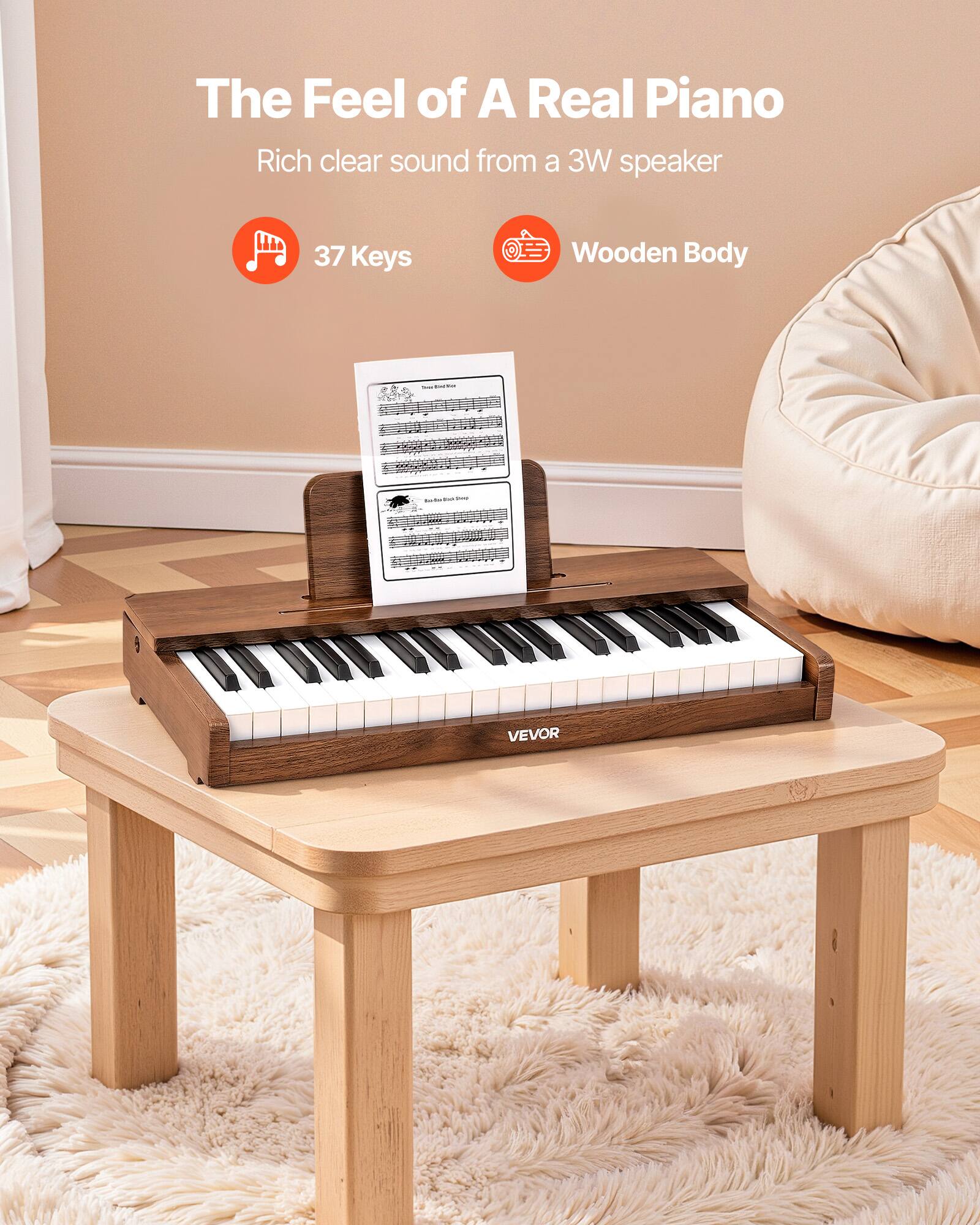 The Feel of A Real Piano  
Rich clear sound from a 3W speaker  
37 Keys  
Wooden Body  
VEVOR