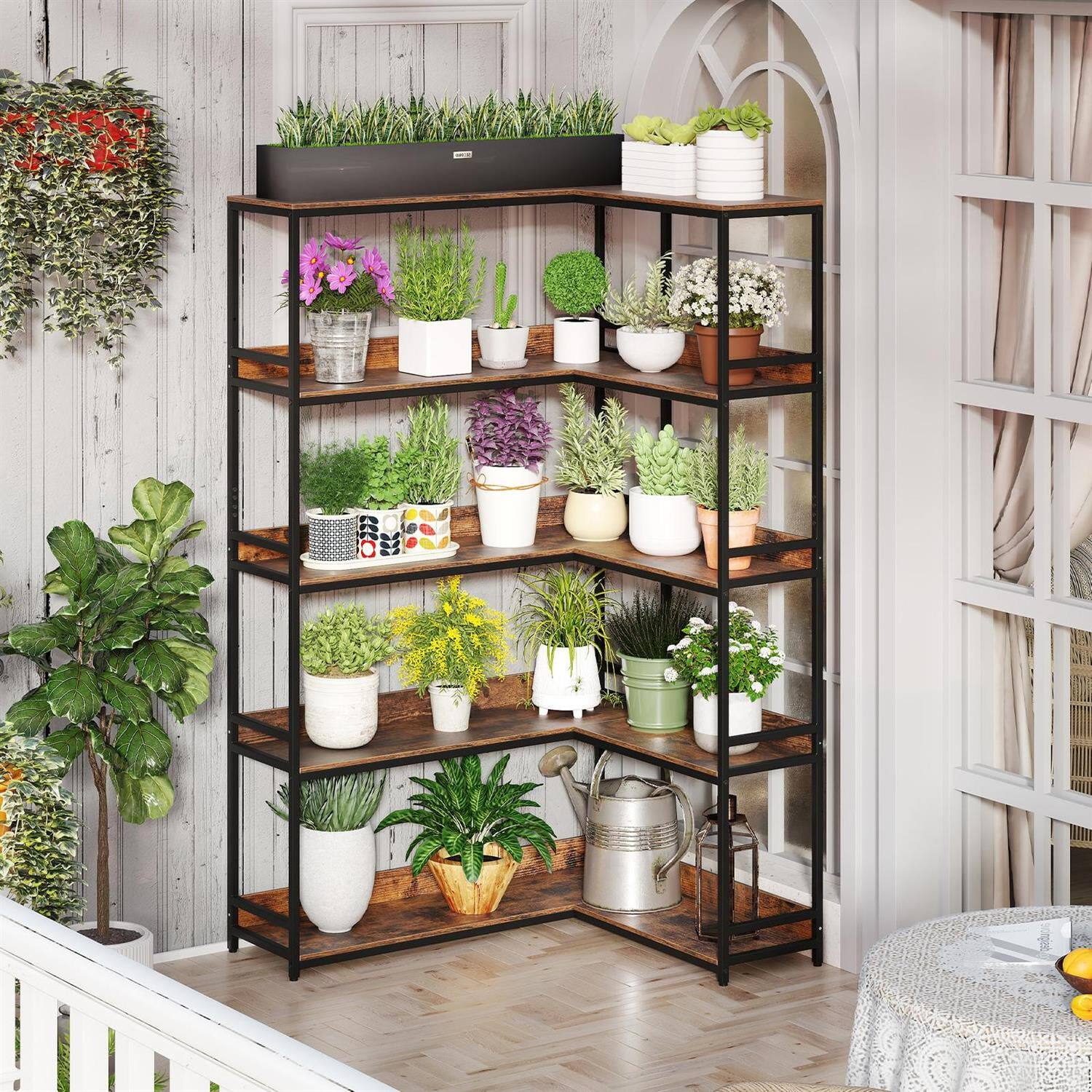 Back. Pefilos - 5-Tier L-Shaped Corner Bookshelf - Metal Frame Raised Edges, Etagere Organizer, Rustic Brown - Brown.