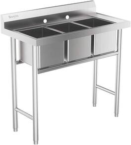 Winado - Commercial Stainless Steel 3 Compartment Sink Free Standing Utility Sink with Backsplash, Adjustable Legs for Restaurant - Silver
