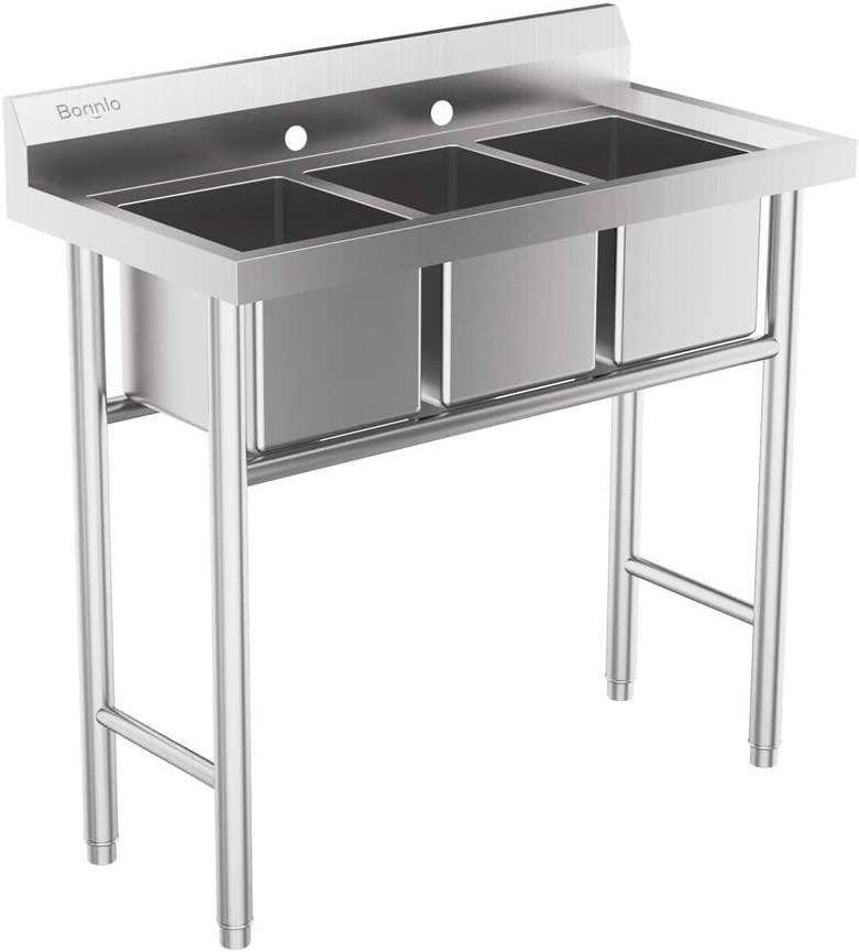 Front. Winado - Commercial Stainless Steel 3 Compartment Sink Free Standing Utility Sink with Backsplash, Adjustable Legs for Restaurant - Silver.