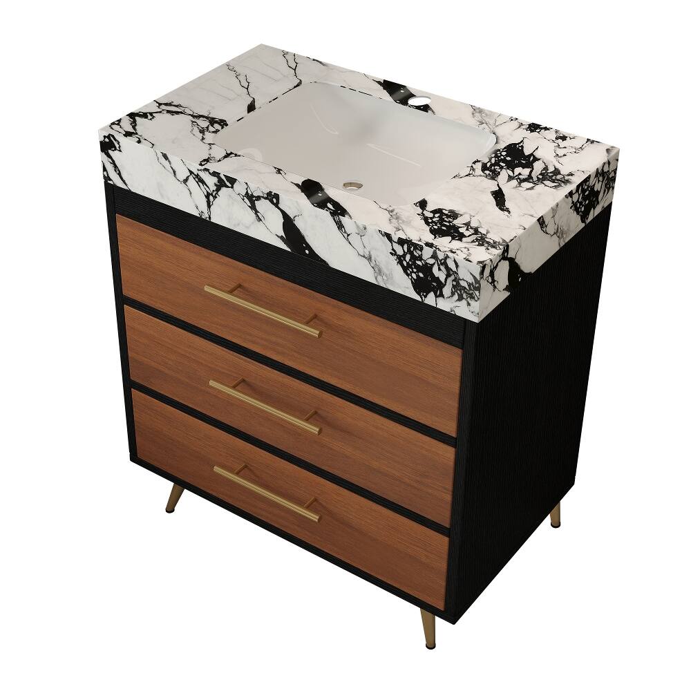 Front. Loheer - Loheer 29.9" Farmhouse Bathroom Vanity with Ceramic Vessel Sink & Sintered Stone Top, Walnut - Walnut.