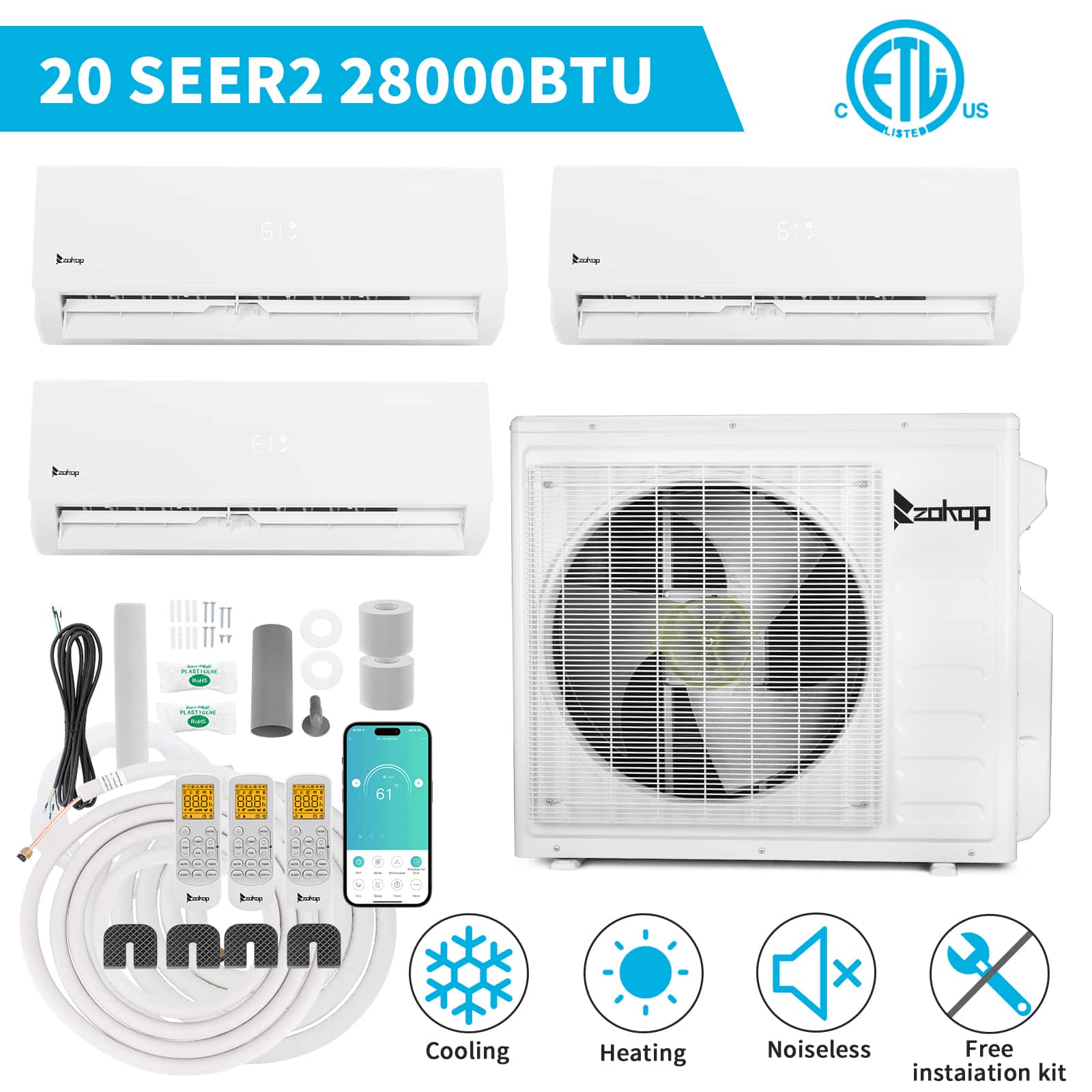 Winado - Wifi 28000 BTU Tri Zone AC Ductless Mini Split Air Conditione & Heater 2 x9000 BTU+12000 BTU w/24.6 Ft Copper Line Set - White