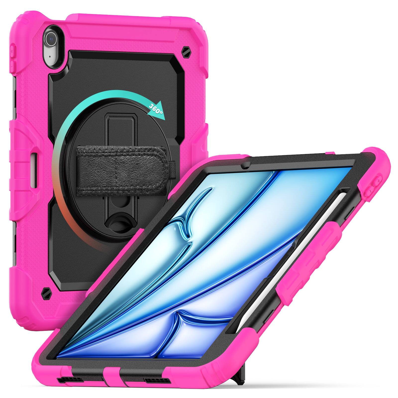 Left. UUCOVER - Full Body Case for iPad Air 11-inch M4/M3/M2 Shockproof Built-in Screen Protector Stand with Hand/Shoulder Strap Cover - Black+Rose.