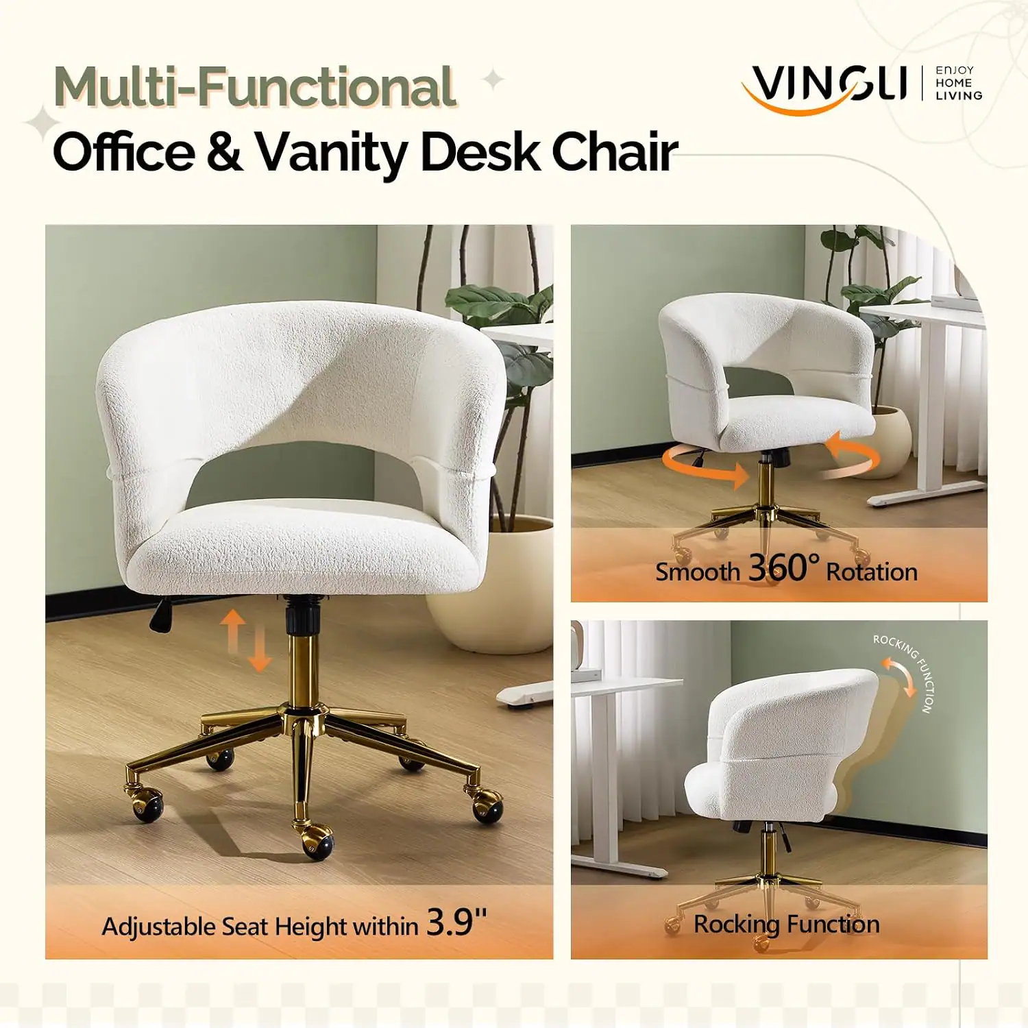 NJOY Multi-Functional VINGLI HOME LIVING Office & Vanity Desk Chair Smooth 360° Rotation ROCKING FUNCTION Adjustable Seat Height within 3.9"