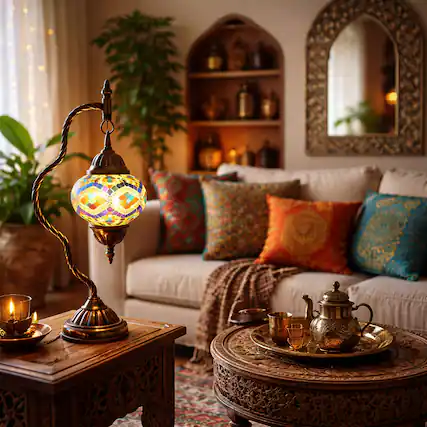 Front. FC Design - 17"H Bronze Artistic Stand Yellow/Blue Kilim Mosaic Turkish Lamp.