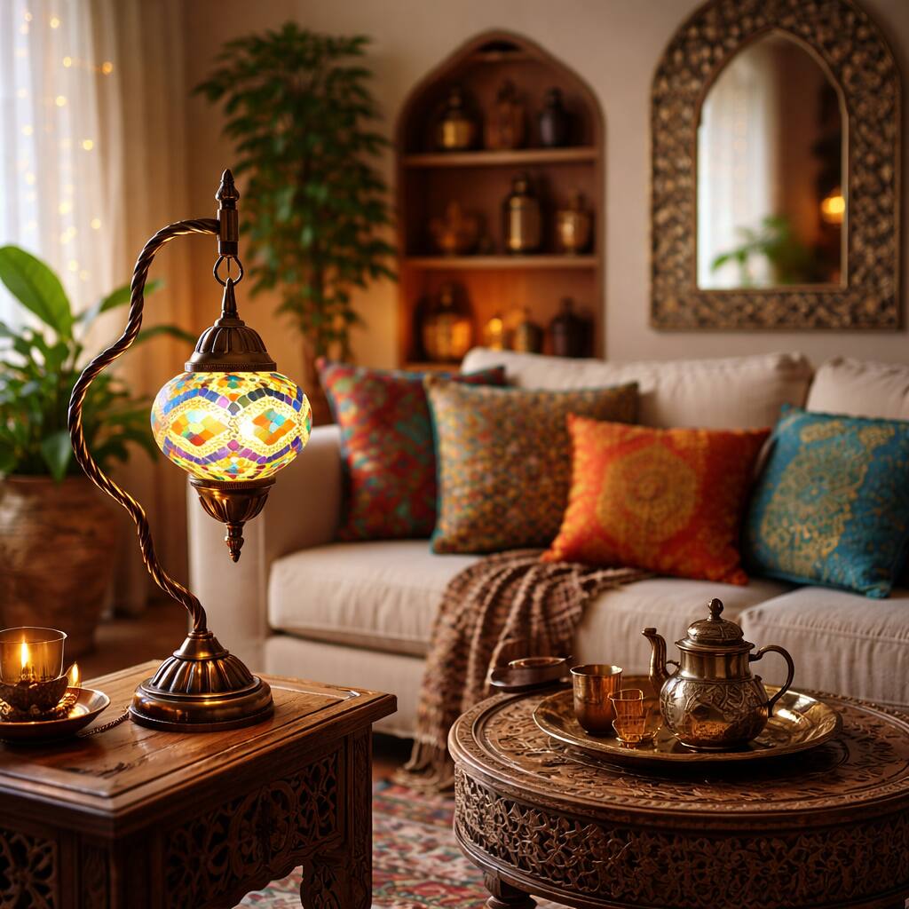 Front. FC Design - 17"H Bronze Artistic Stand Yellow/Blue Kilim Mosaic Turkish Lamp.