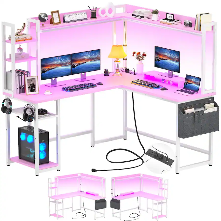 Aheaplus Gaming L Desk With Power Outlets, LED Lights & Storage ...