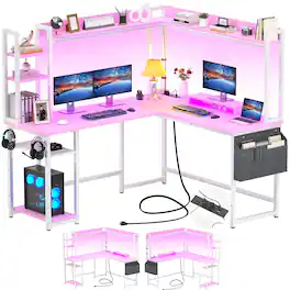 Aheaplus - Gaming L-Desk With Power Outlets, LED Lights & Storage - Reversible Home Office Desk With Monitor Stand - Pink