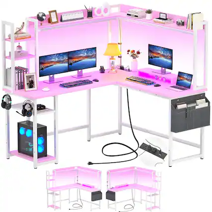 Front. Aheaplus - Gaming L-Desk With Power Outlets, LED Lights & Storage - Reversible Home Office Desk With Monitor Stand - Pink.