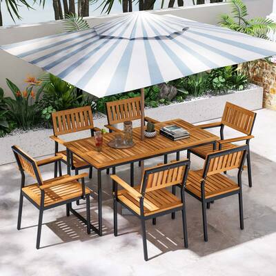 costway 7pcs patio rattan dining set table top w/umbrella hole 7 Pieces With Stackable Chairs and Umbrella REBEL This practical rattan furniture set includes a large rectangular table and 8 chairs which offer spacious space to eat food and chat together Costway 7PCS Rattan Dining Set