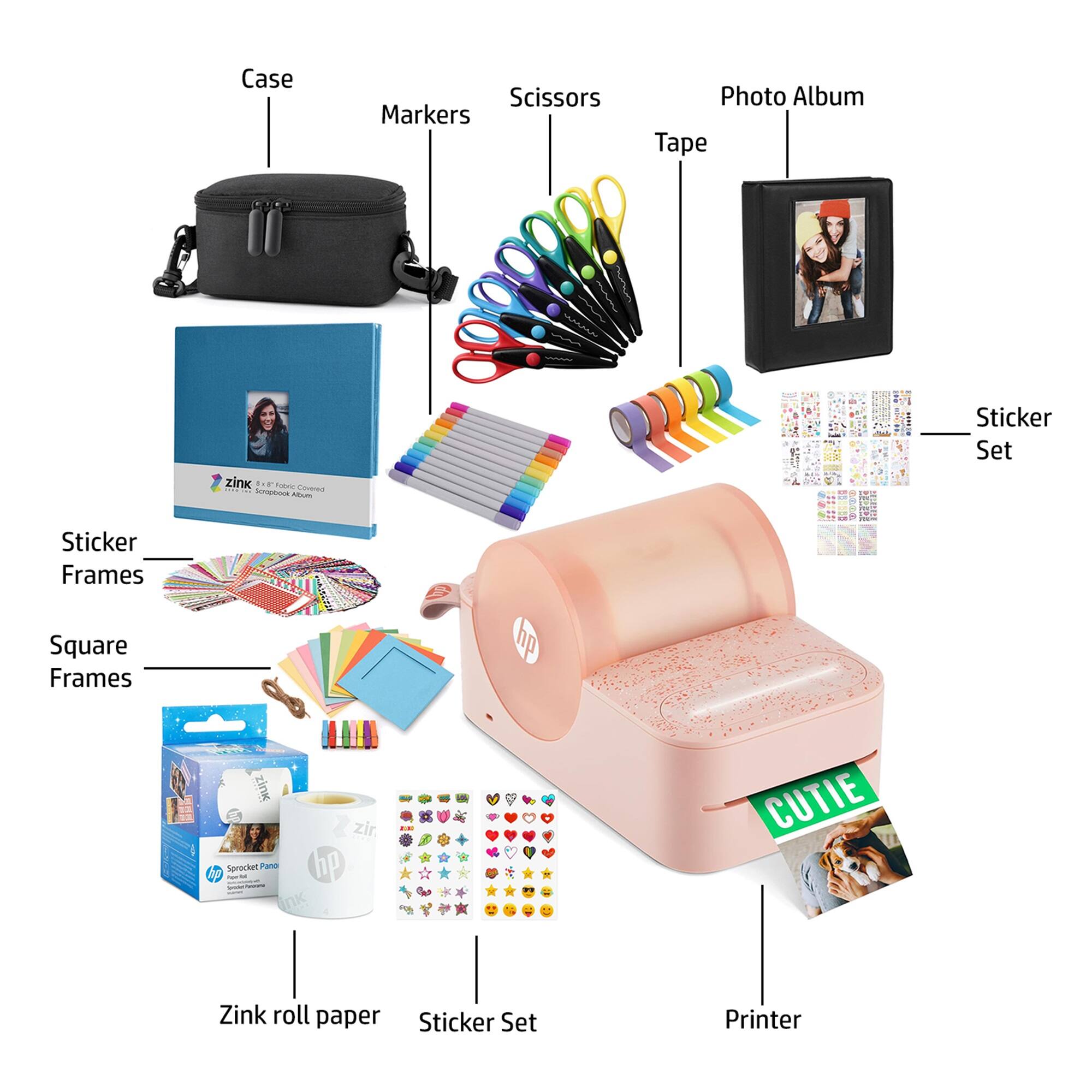 - Case
- Markers
- Scissors
- Tape
- Photo Album
- Sticker Set
- Sticker Frames
- Square Frames
- Zink roll paper
- Printer