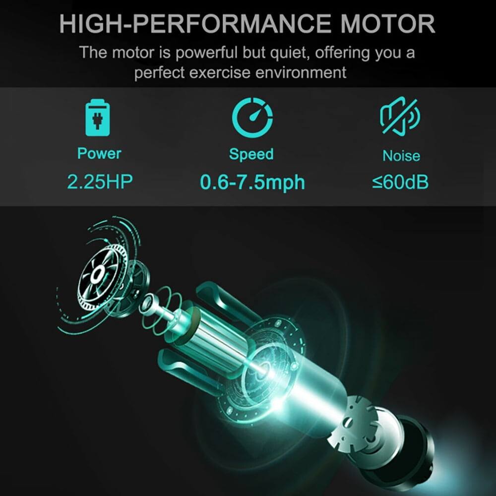 HIGH-PERFORMANCE MOTOR  
The motor is powerful but quiet, offering you a perfect exercise environment  

- Power: 2.25HP  
- Speed: 0.6-7.5mph  
- Noise: <60dB