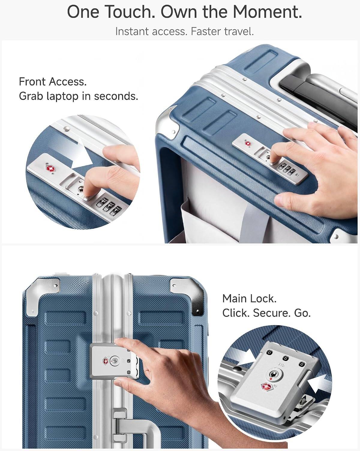 One Touch. Own the Moment.  
Instant access. Faster travel.  

Front Access.  
Grab laptop in seconds.  

Main Lock.  
Click. Secure. Go.