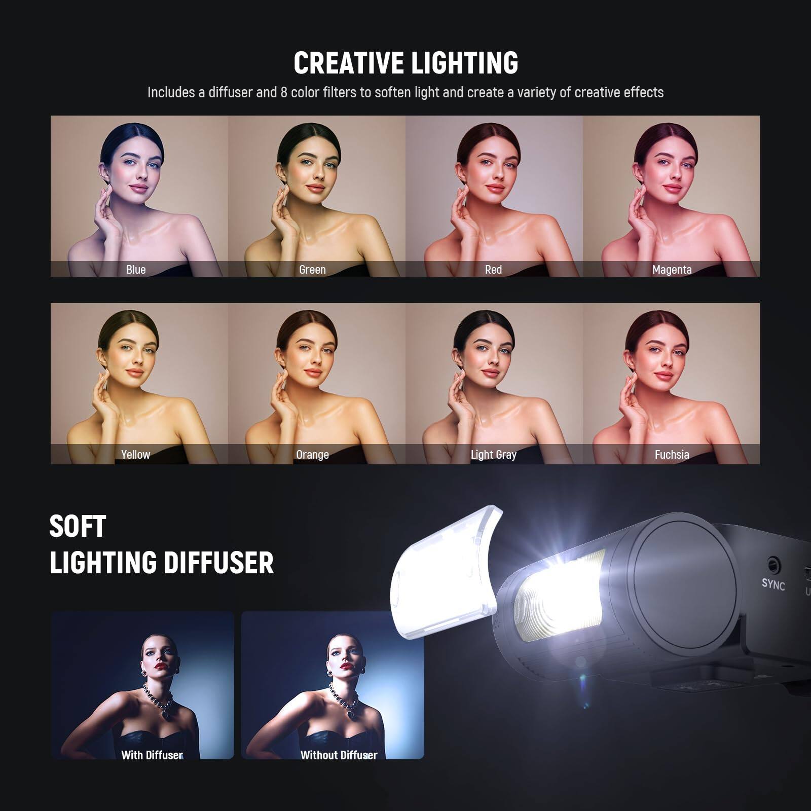 CREATIVE LIGHTING  
Includes a diffuser and 8 color filters to soften light and create a variety of creative effects

- Blue
- Green
- Red
- Magenta
- Yellow
- Orange
- Light Gray
- Fuchsia

SOFT LIGHTING DIFFUSER  
SYNC U  
With Diffuser  
Without Diffuser