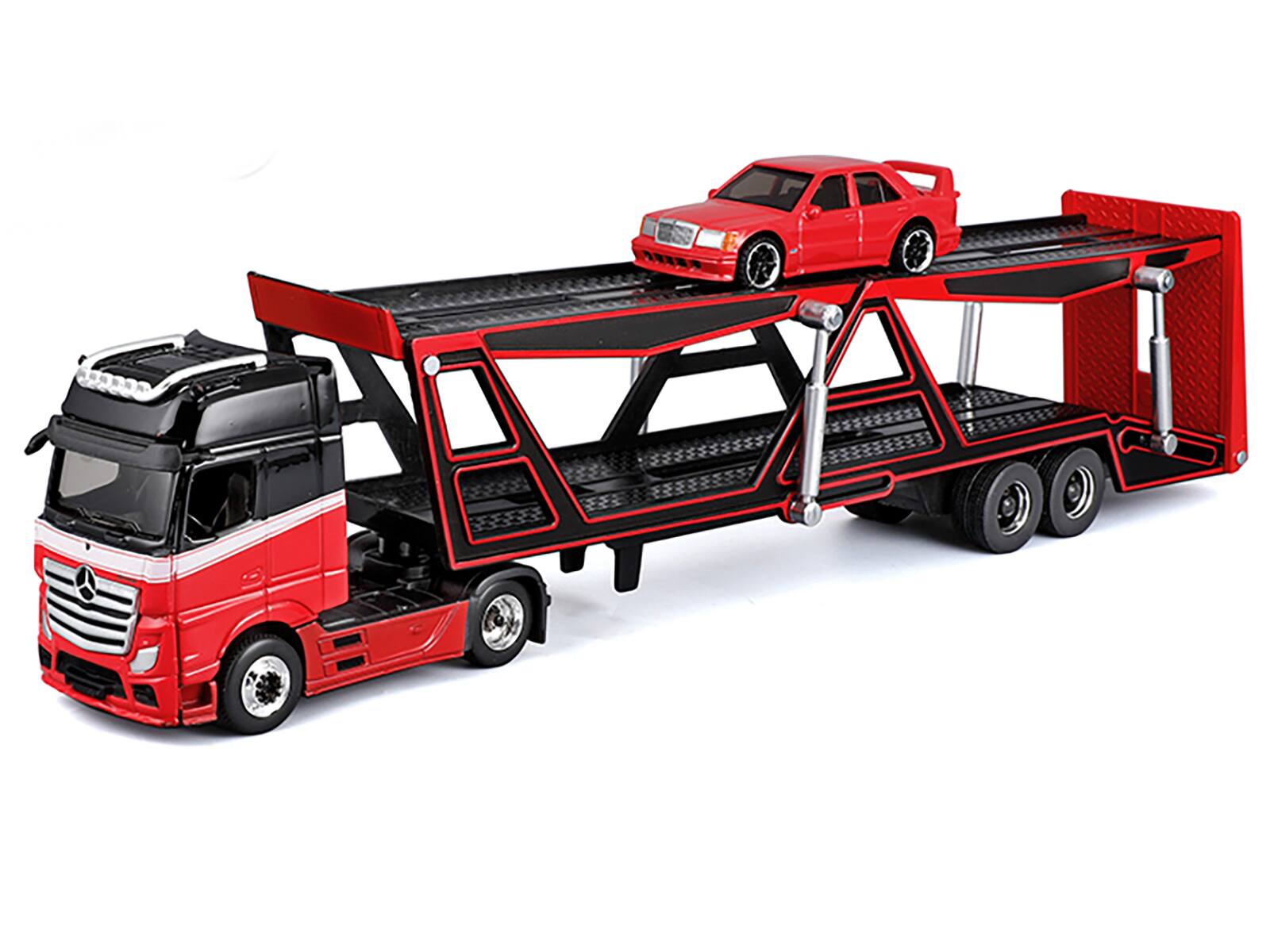 Alt View 1. Maisto - Mercedes-Benz Actros Open Car Hauler Red and Black with White and 1990 Mercedes-Benz 190E Red 1/64 Models by Maisto.