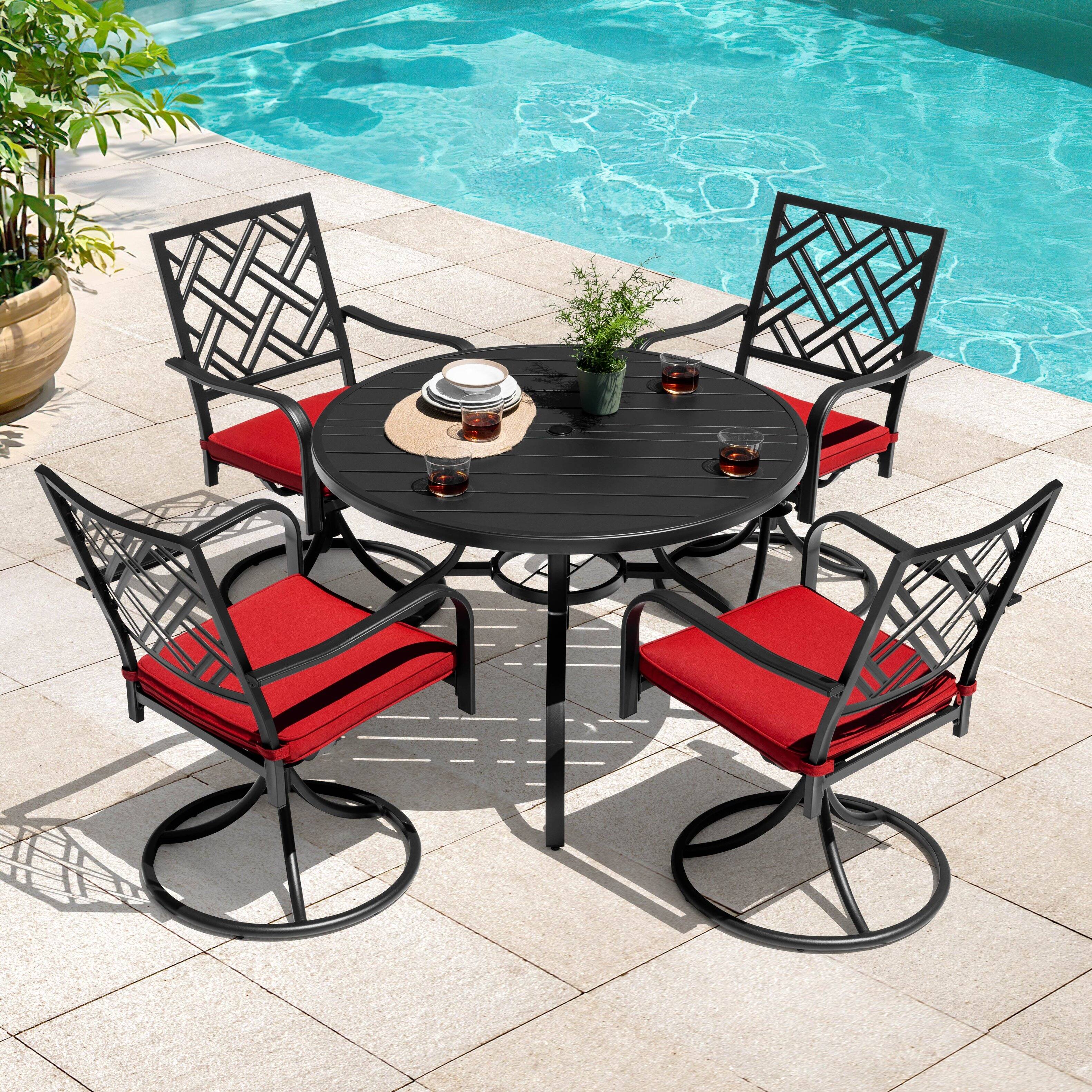 Left. Nuu Garden - 5-Piece Metal Patio Dining Set with Umbrella Hole and Swivel Chairs - Black and Red.