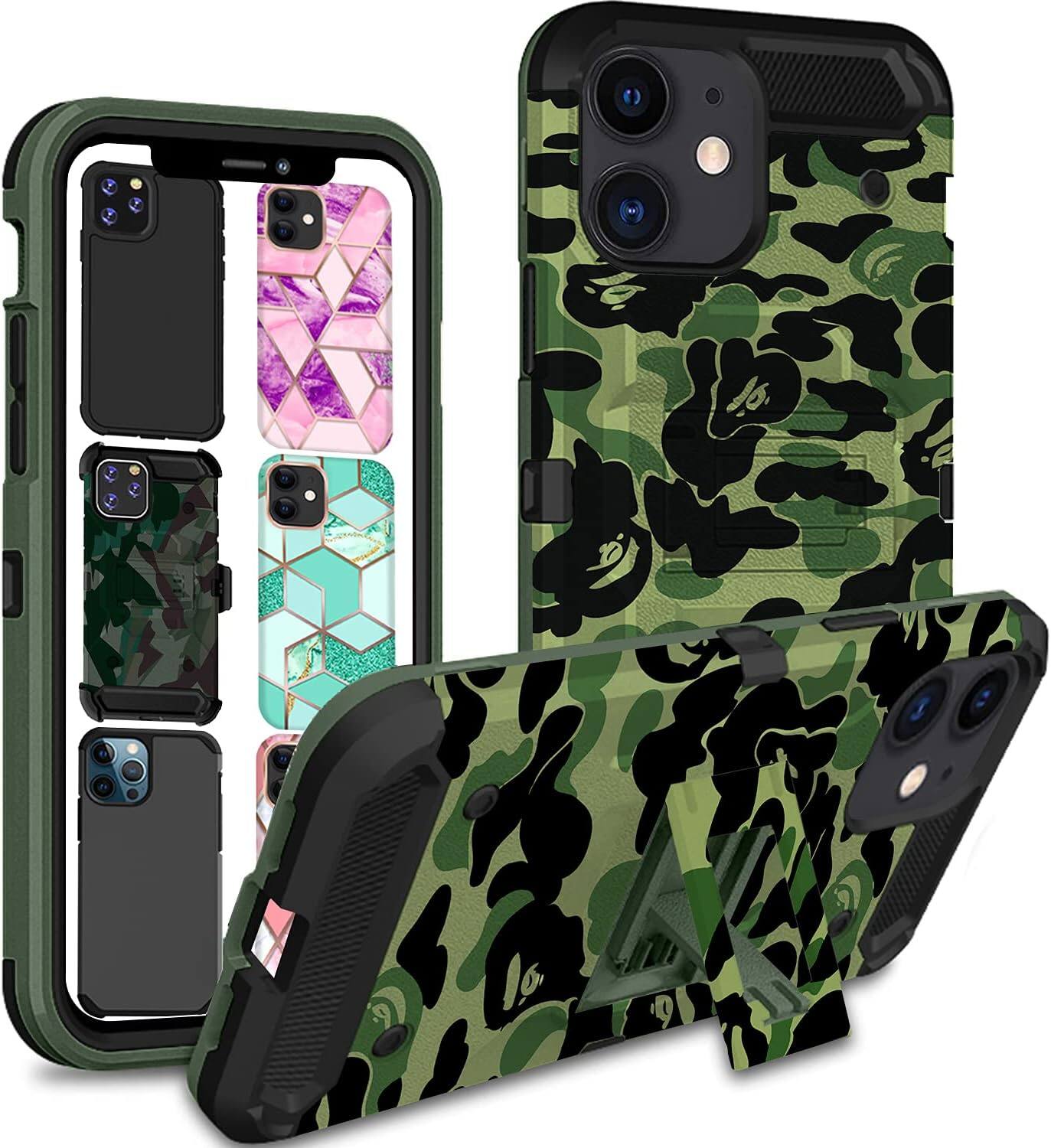 Front. DuraSafe Cases - iPhone 12 - 6.1" Heavy-Duty Rugged Phone Case with Kickstand - Military Moss(Without Holster).