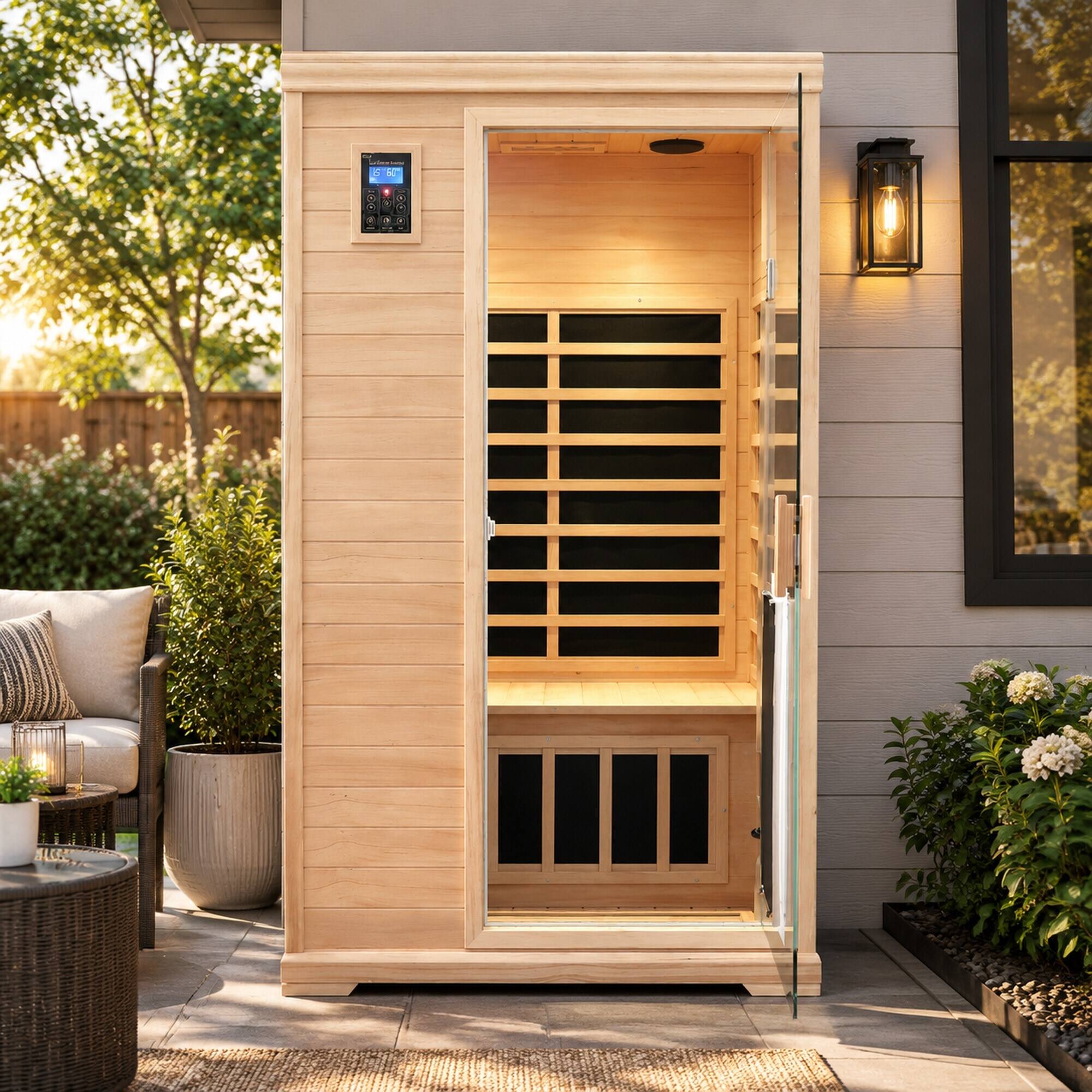 Left. RYHNUYNE - Two-Person Far-Infrared Hemlock Indoor Sauna, 43.7 x 38.58 x 76.38 in, 9 Heating Panels, Bluetooth Audio, LCD Touch - Natural.