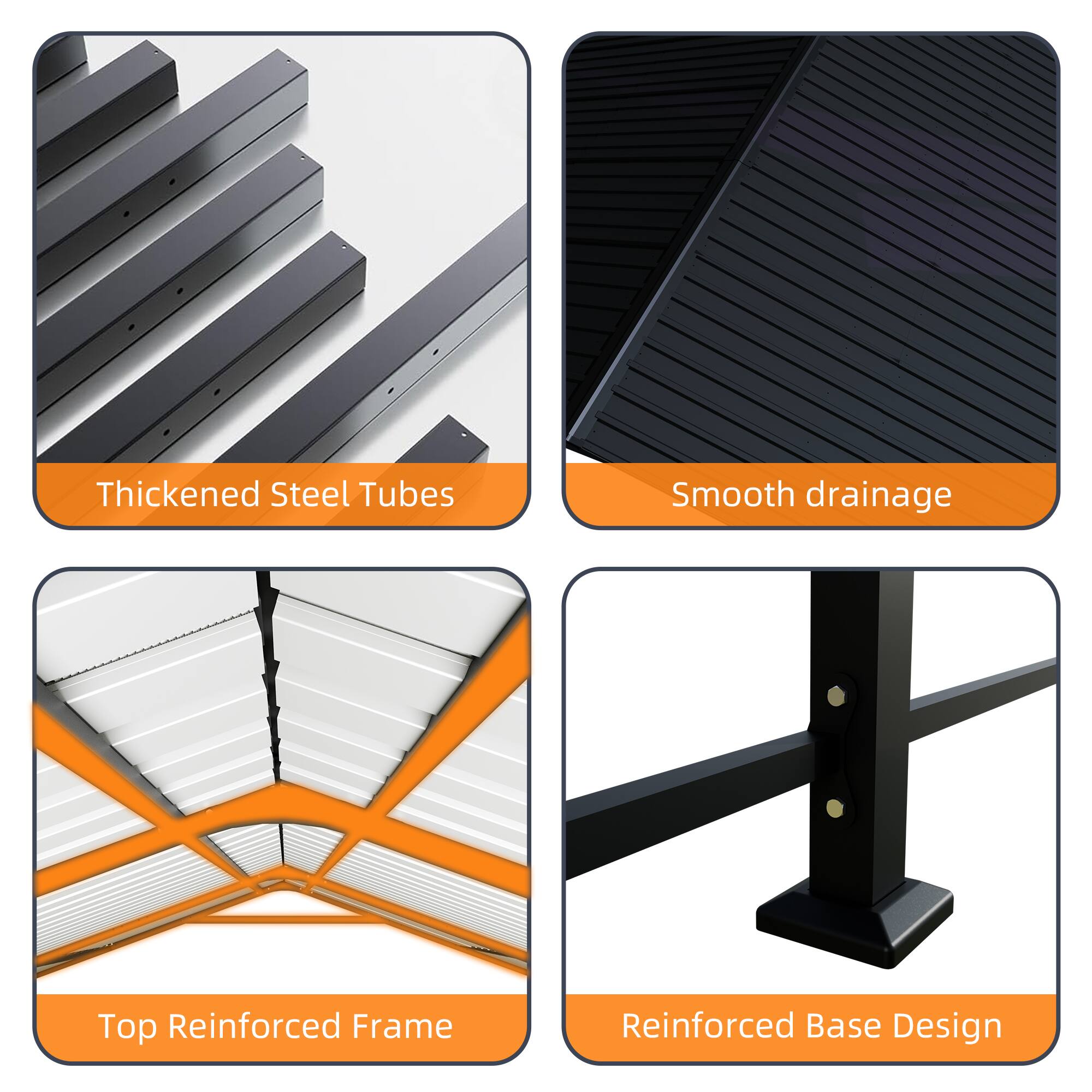 - Thickened Steel Tubes
- Smooth drainage
- Top Reinforced Frame
- Reinforced Base Design