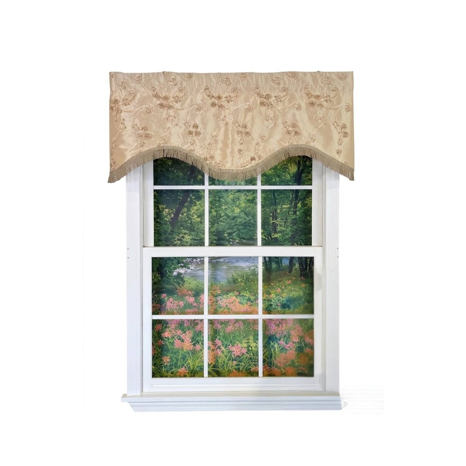 Front. RLF Home - RLF Home Ribbons Trimmed Cornice Window Valance 100% Cotton Lined Rod Pocket 50" x 17" Beige - Beige.