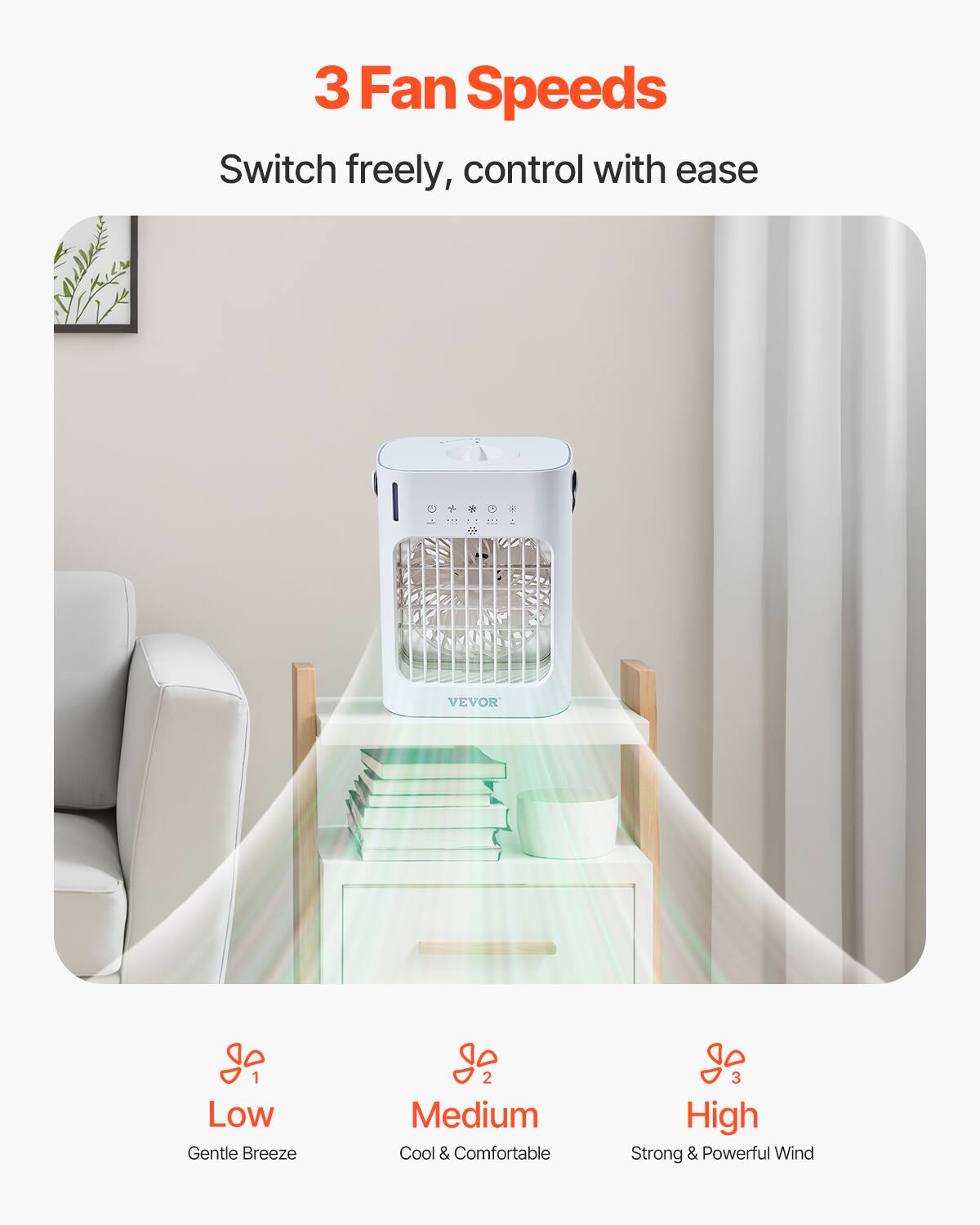 3 Fan Speeds

Switch freely, control with ease

1 Low  
Gentle Breeze

2 Medium  
Cool & Comfortable

3 High  
Strong & Powerful Wind