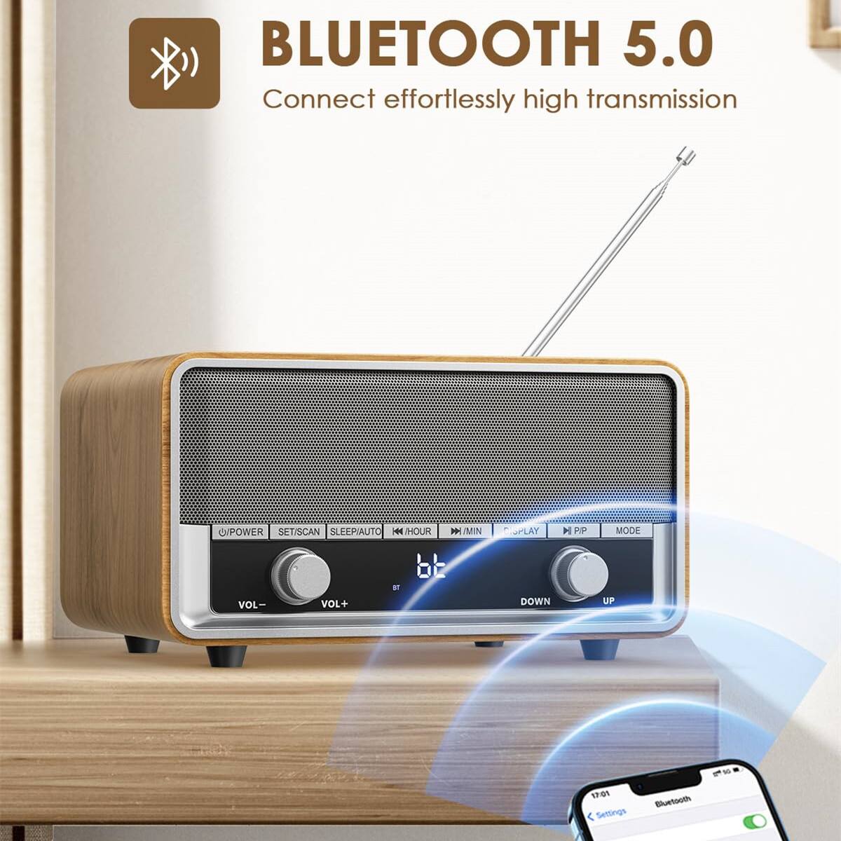 BLUETOOTH 5.0  
Connect effortlessly high transmission  

POWER SET/SCAN SLEEP/AUTO HOUR / MIN PLAY PIP MODE VOL- VOL+ BT b2 DOWN UP  

17:01  
Settings Bluetooth