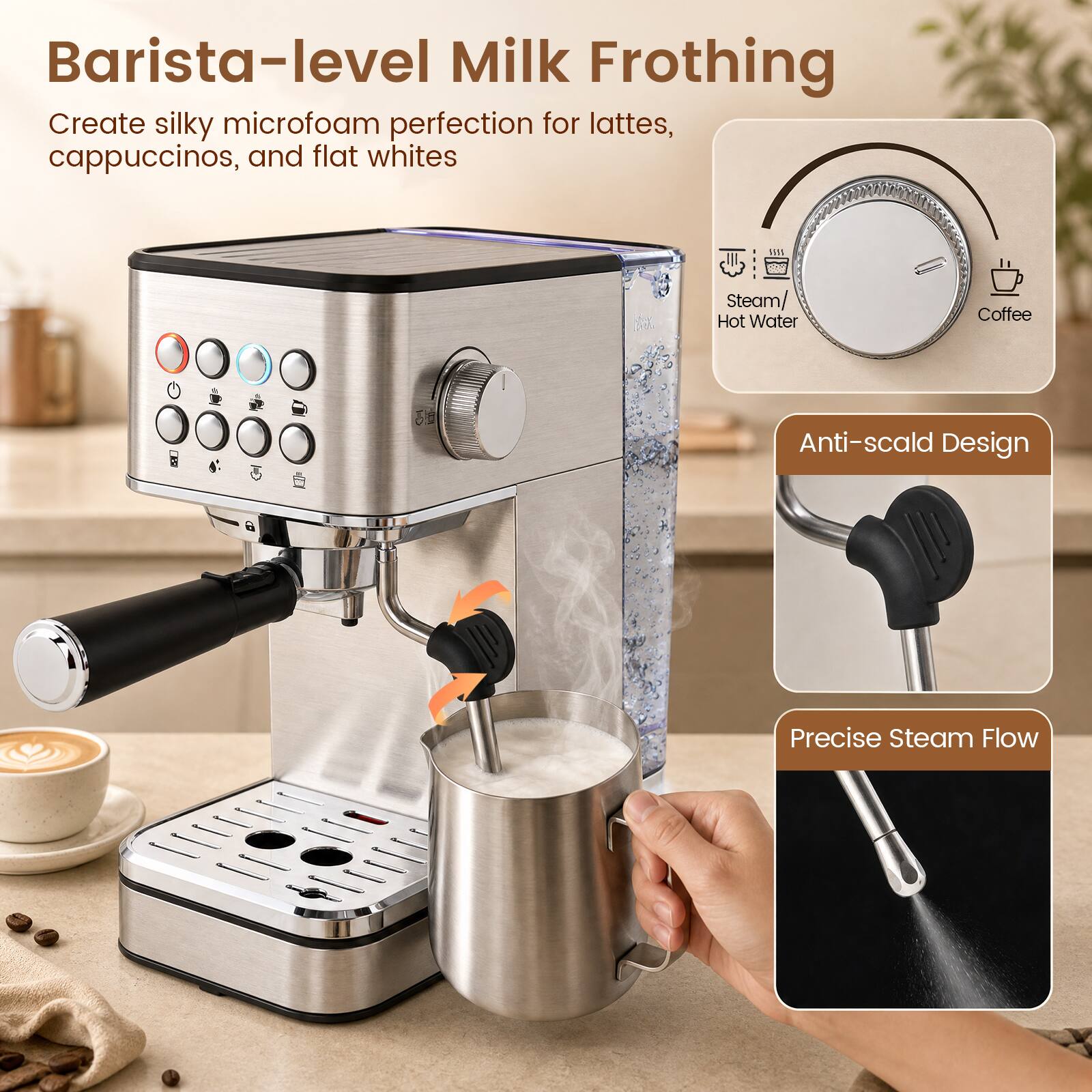 Barista-level Milk Frothing  
Create silky microfoam perfection for lattes, cappuccinos, and flat whites  

Steam/ Water Coffee Hot Anti-scald Design  
Precise Steam Flow