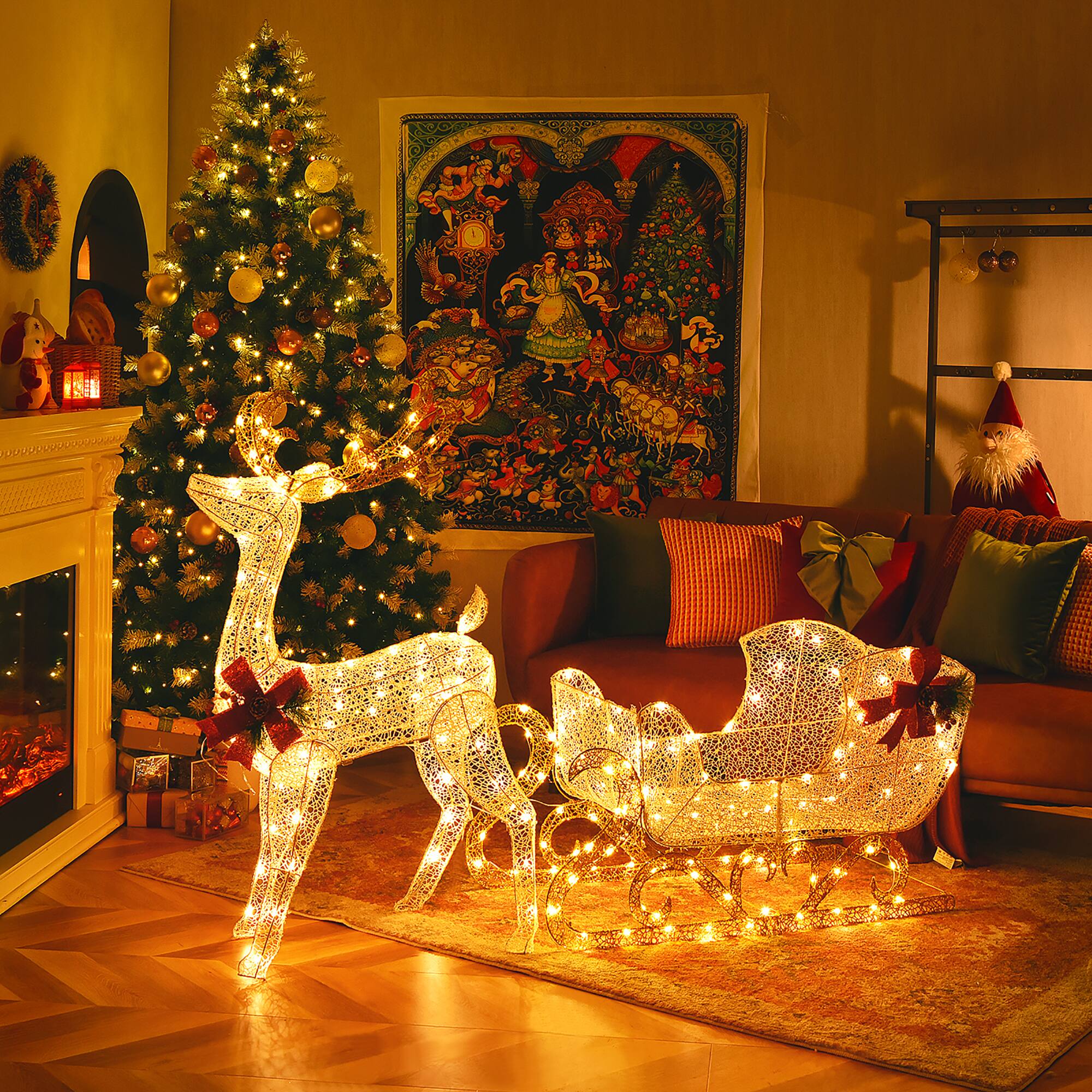 Alt View 12. Costway - 6 FT Christmas Lighted Reindeer & Santa's Sleigh W/ 215 LED Lights & 4 Stakes - Gold.