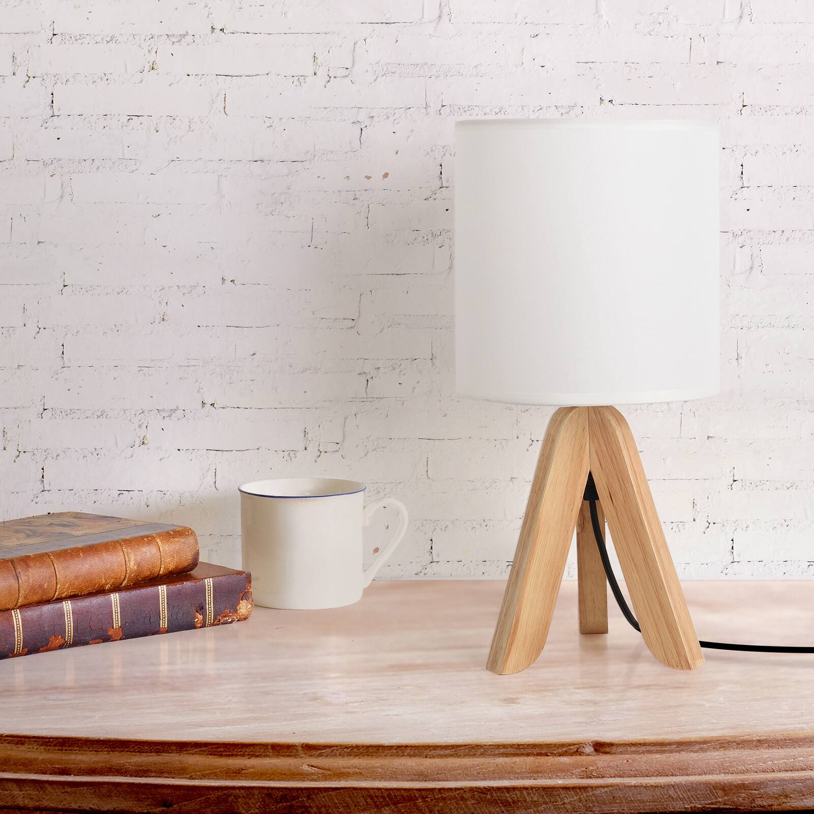 Alt View 2. Oumilen - Brown Wooden Tripod Nightstand Lamp with Fabric Shade.