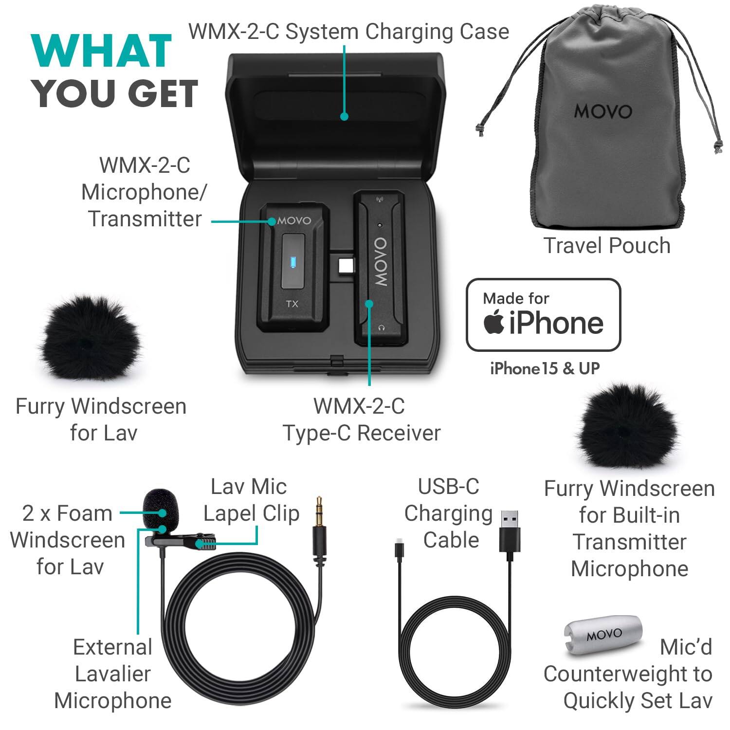**WMX-2-C System Charging Case**

**WHAT YOU GET**

- WMX-2-C Microphone/Transmitter
- WMX-2-C Type-C Receiver
- Travel Pouch
- Made for iPhone 15 & UP
- Furry Windscreen for Lav
- 2 x Foam Windscreen for Lav
- Lav Mic Lapel Clip
- External Lavalier Microphone
- USB-C Charging Cable
- Furry Windscreen for Built-in Transmitter Microphone
- Mic'd Counterweight to Quickly Set Lav