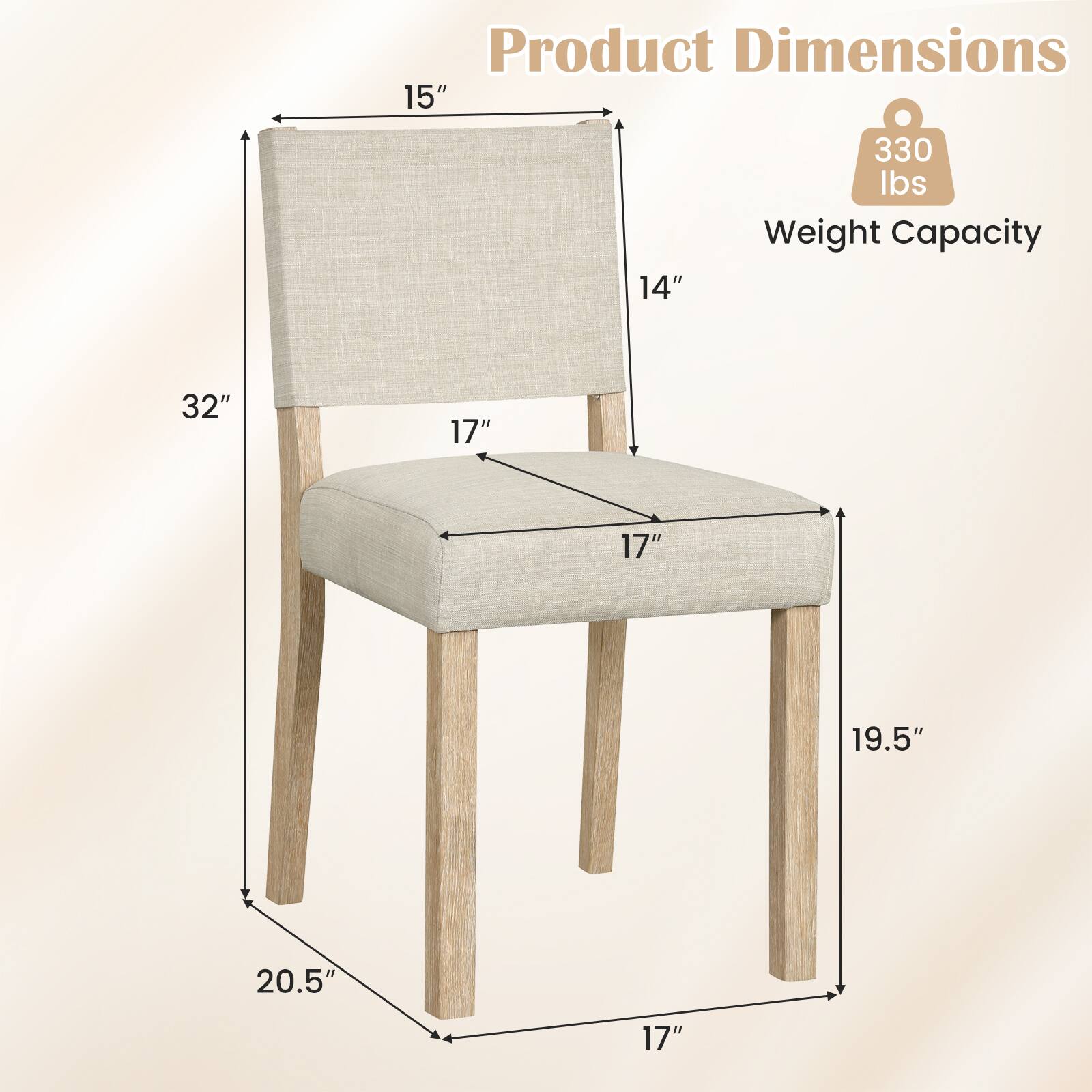 Product Dimensions: 15" x 14" x 32" x 17" x 17" x 19.5" x 20.5"  
Weight Capacity: 330 lbs