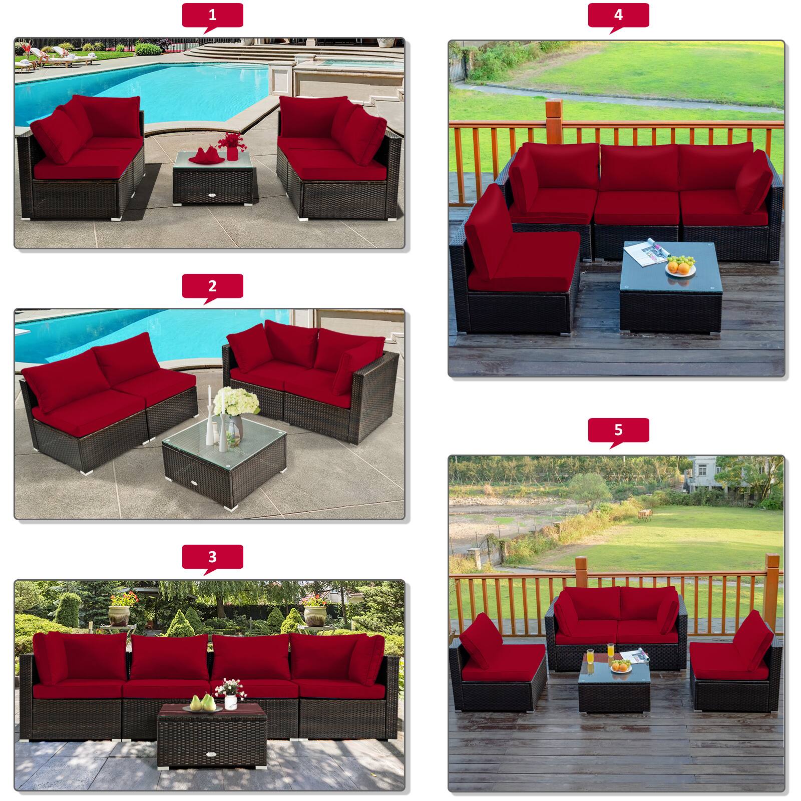 Alt View 8. Costway - Costway 6PCS Patio Furniture Set Rattan Cushioned Sofa Gas Fire Pit Table - Red.