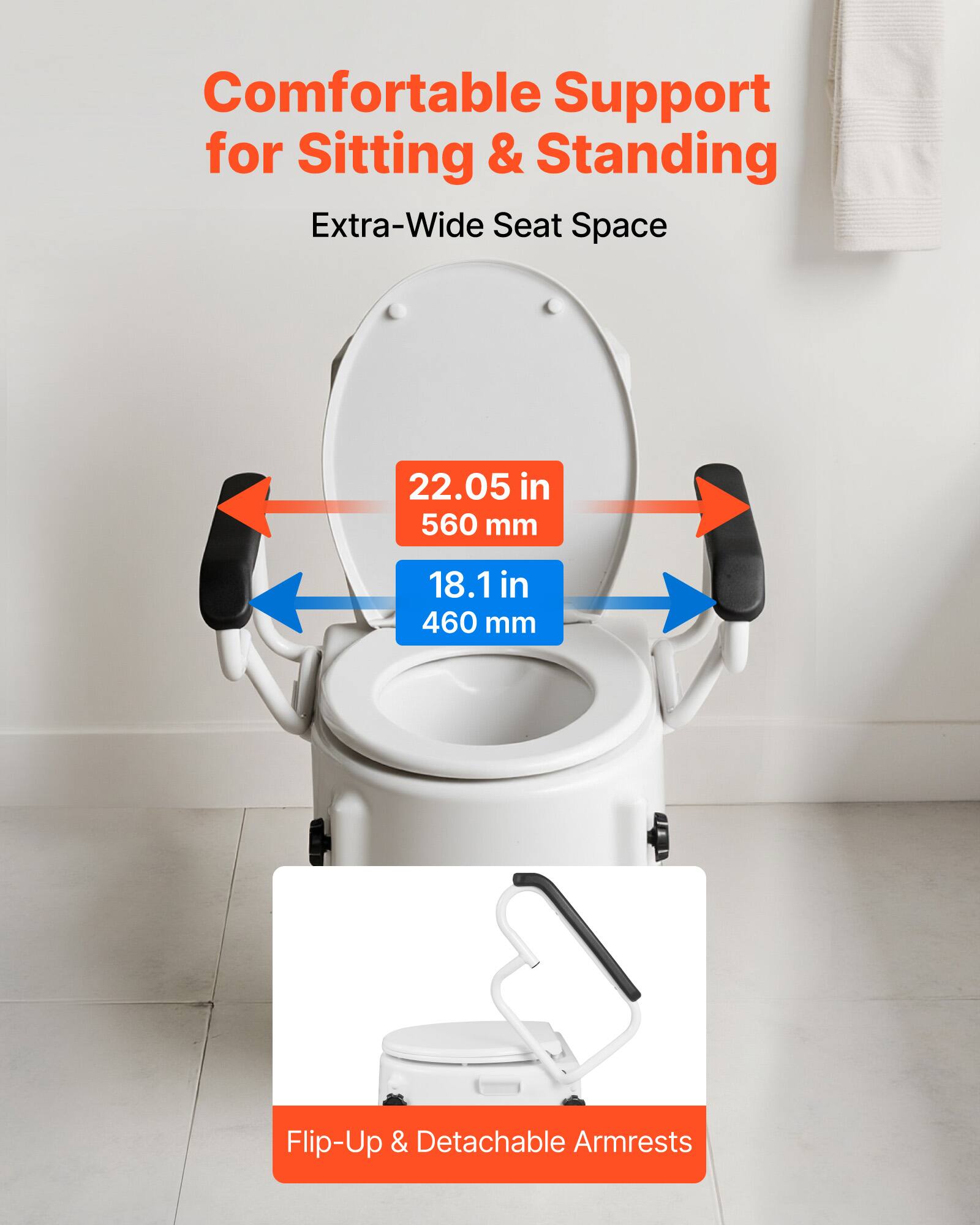 Comfortable Support for Sitting & Standing  
Extra-Wide Seat Space  
22.05 in 560 mm  
18.1 in 460 mm  
Flip-Up & Detachable Armrests